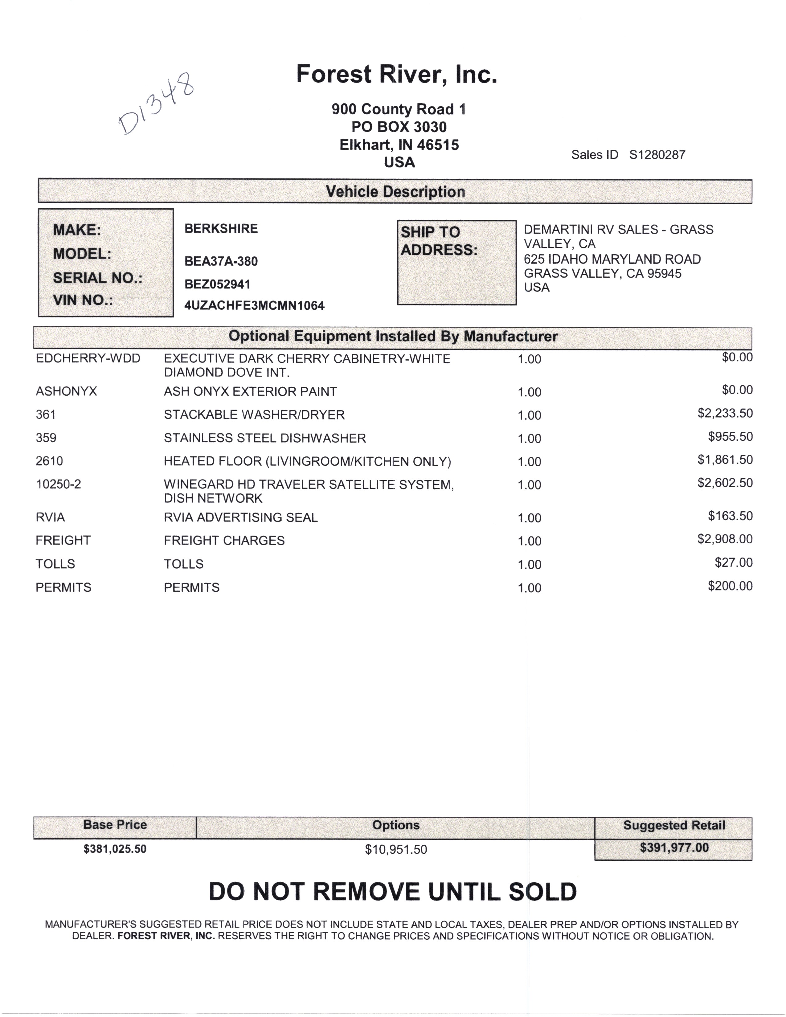 2021 Forest River Berkshire XL 37A MSRP Sheet