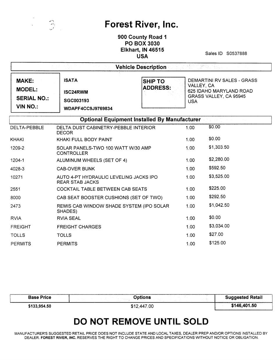 2019 Dynamax Isata 3 24RW MSRP Sheet