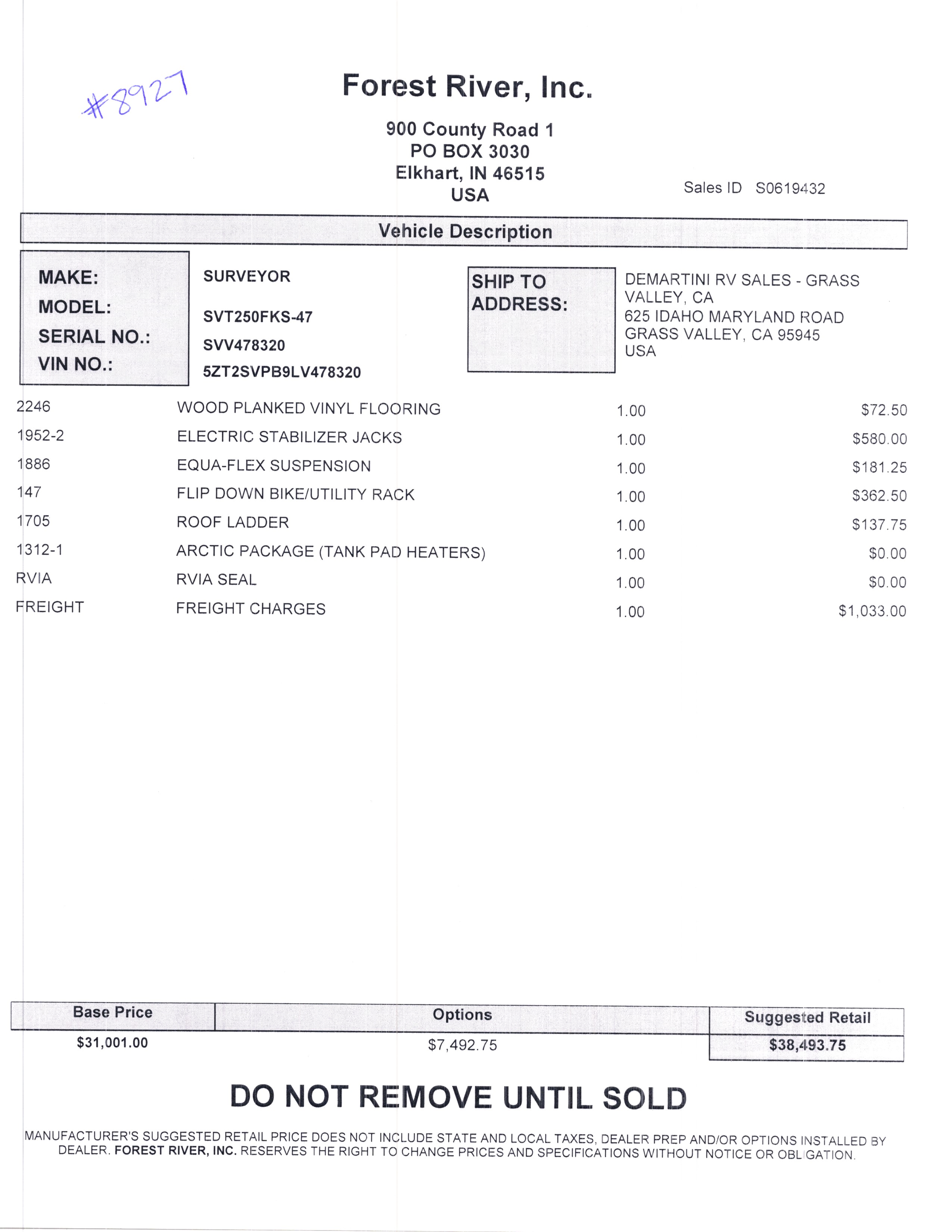 2020 Forest River Surveyor Luxury 250FKS MSRP Sheet