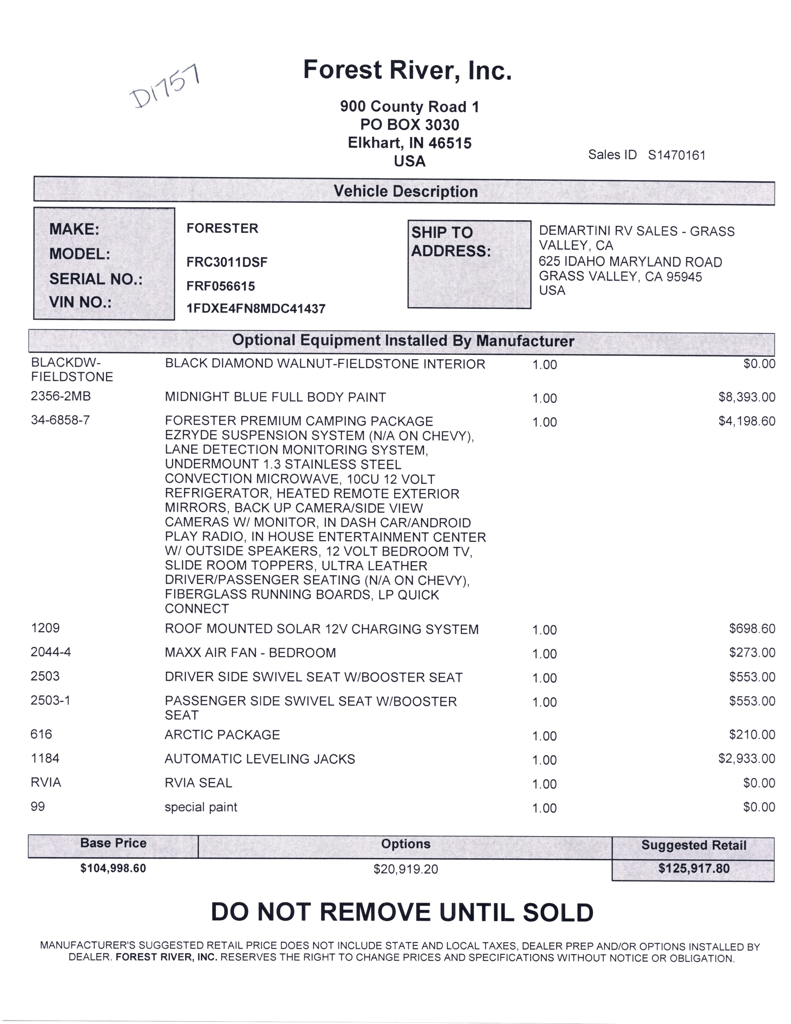 2021 Forest River Forester Classic 3011DS MSRP Sheet