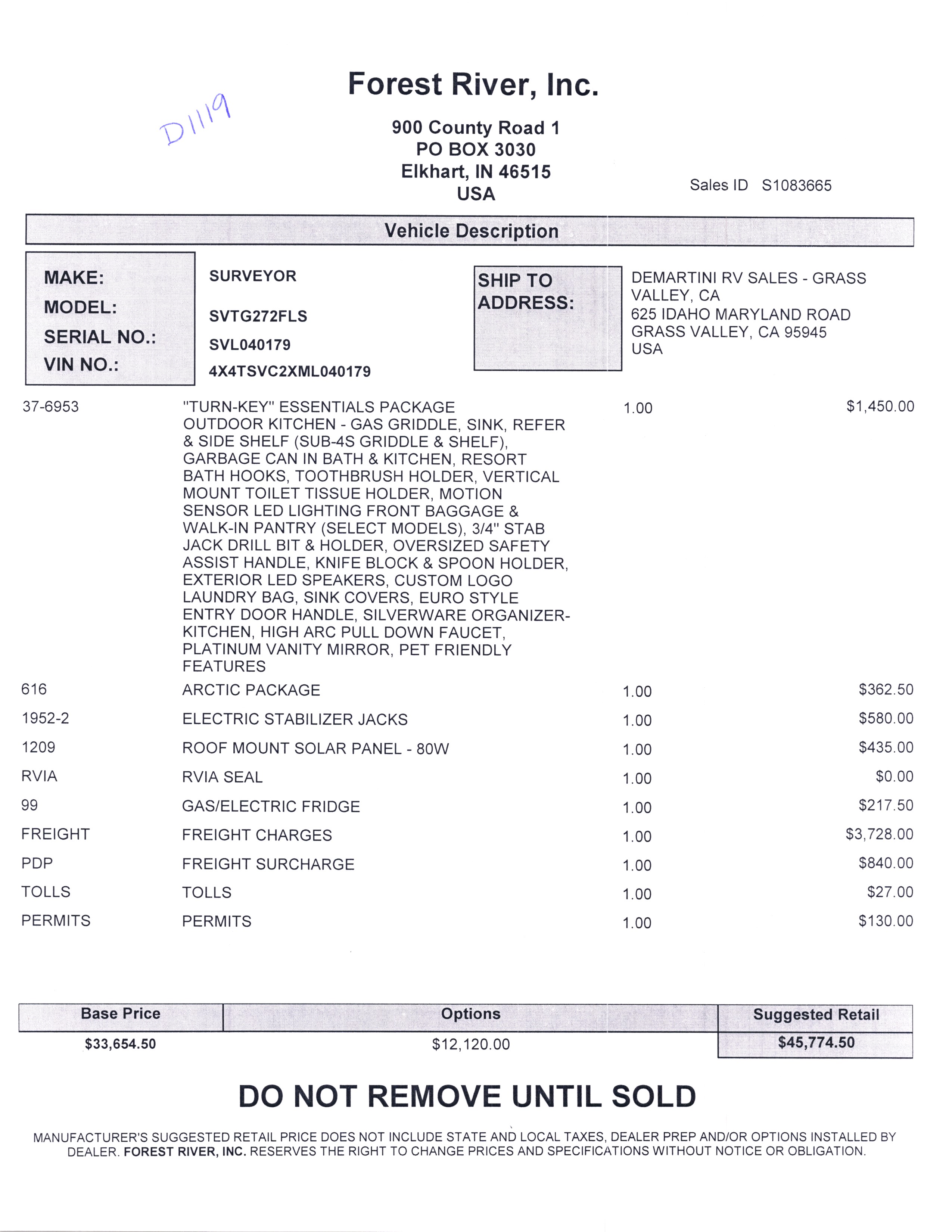 2021 Forest River Grand Surveyor 272FLS MSRP Sheet