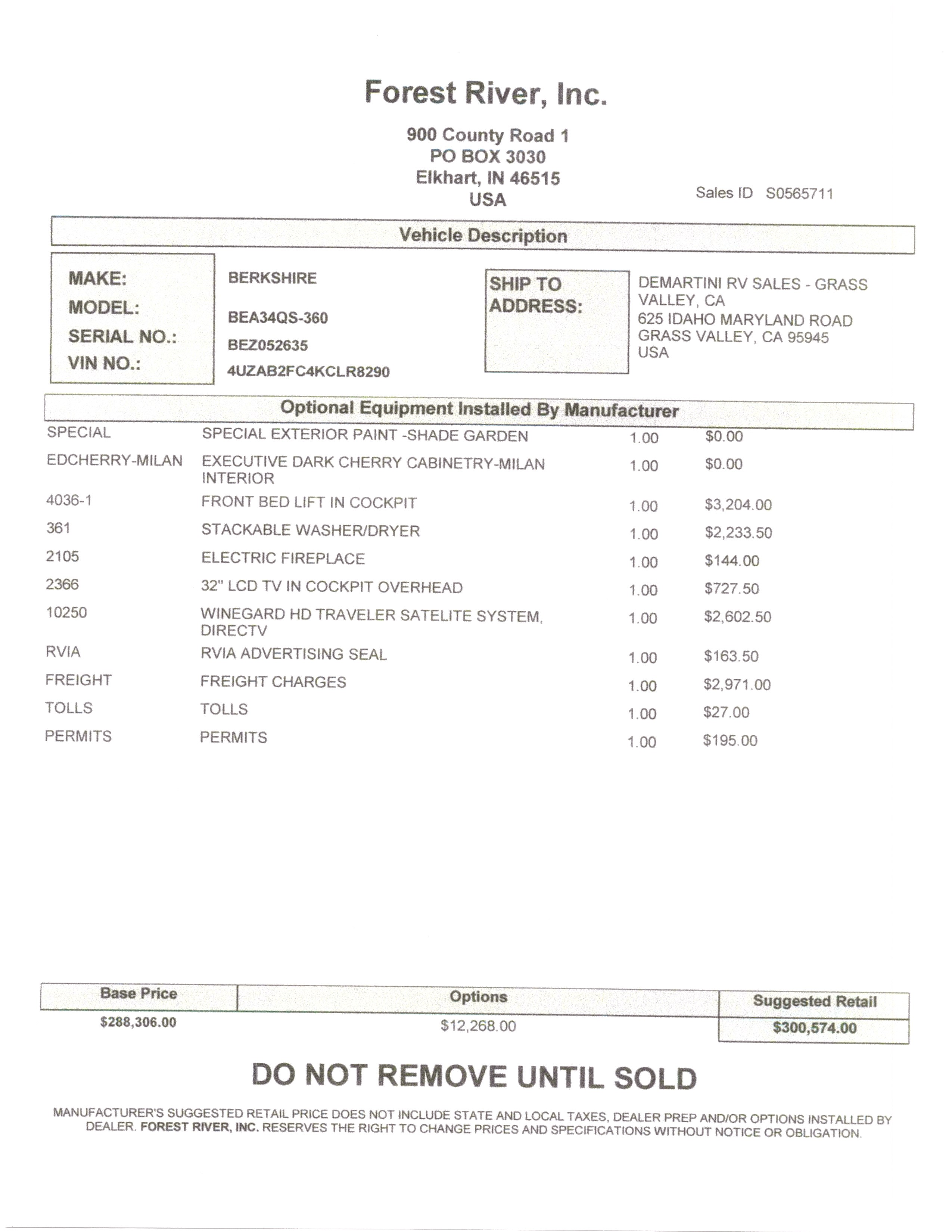 2019 Forest River Berkshire 34QS MSRP Sheet