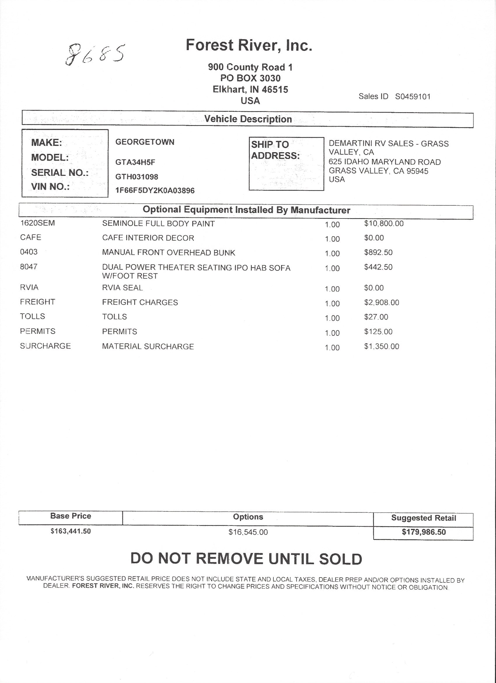 2019 Forest River Georgetown GT5 34H5 MSRP Sheet