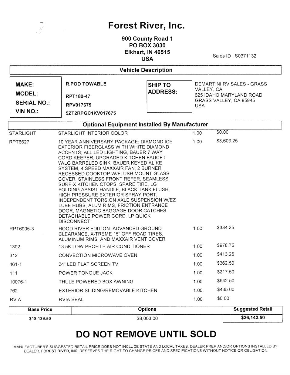 2019 Forest River R-Pod 180 MSRP Sheet