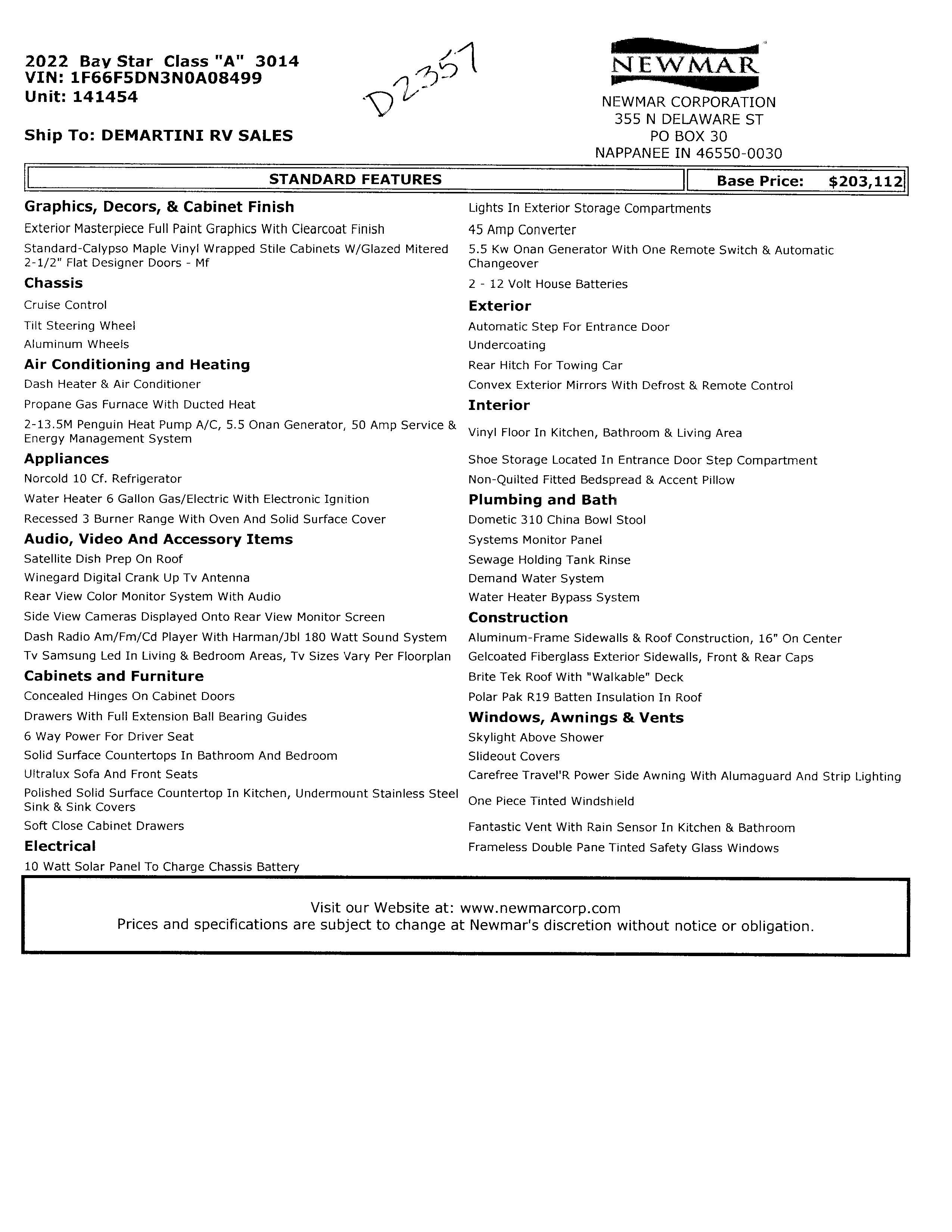 2022 Newmar Bay Star 3014 MSRP Sheet