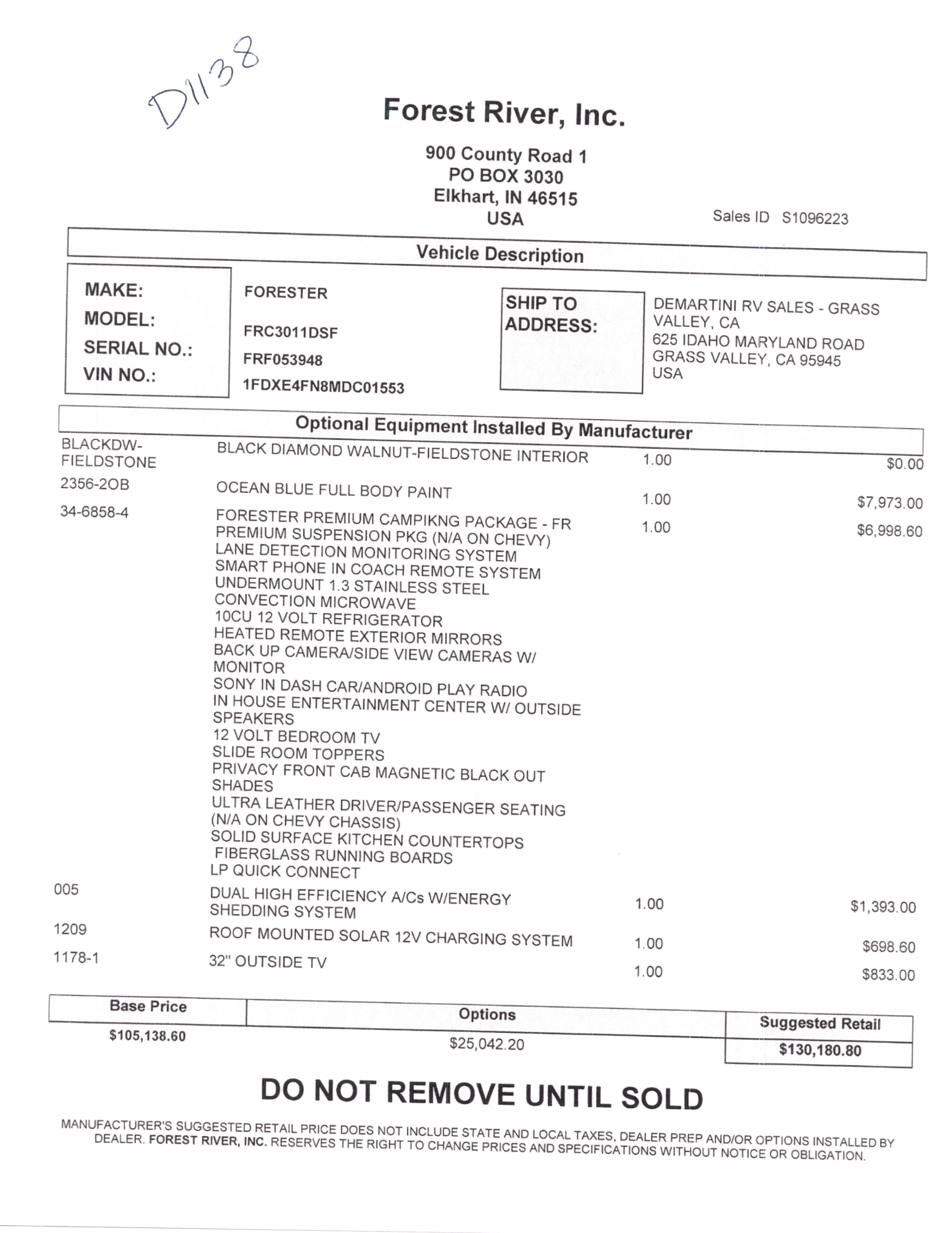 2021 Forest River Forester Classic 3011DS MSRP Sheet