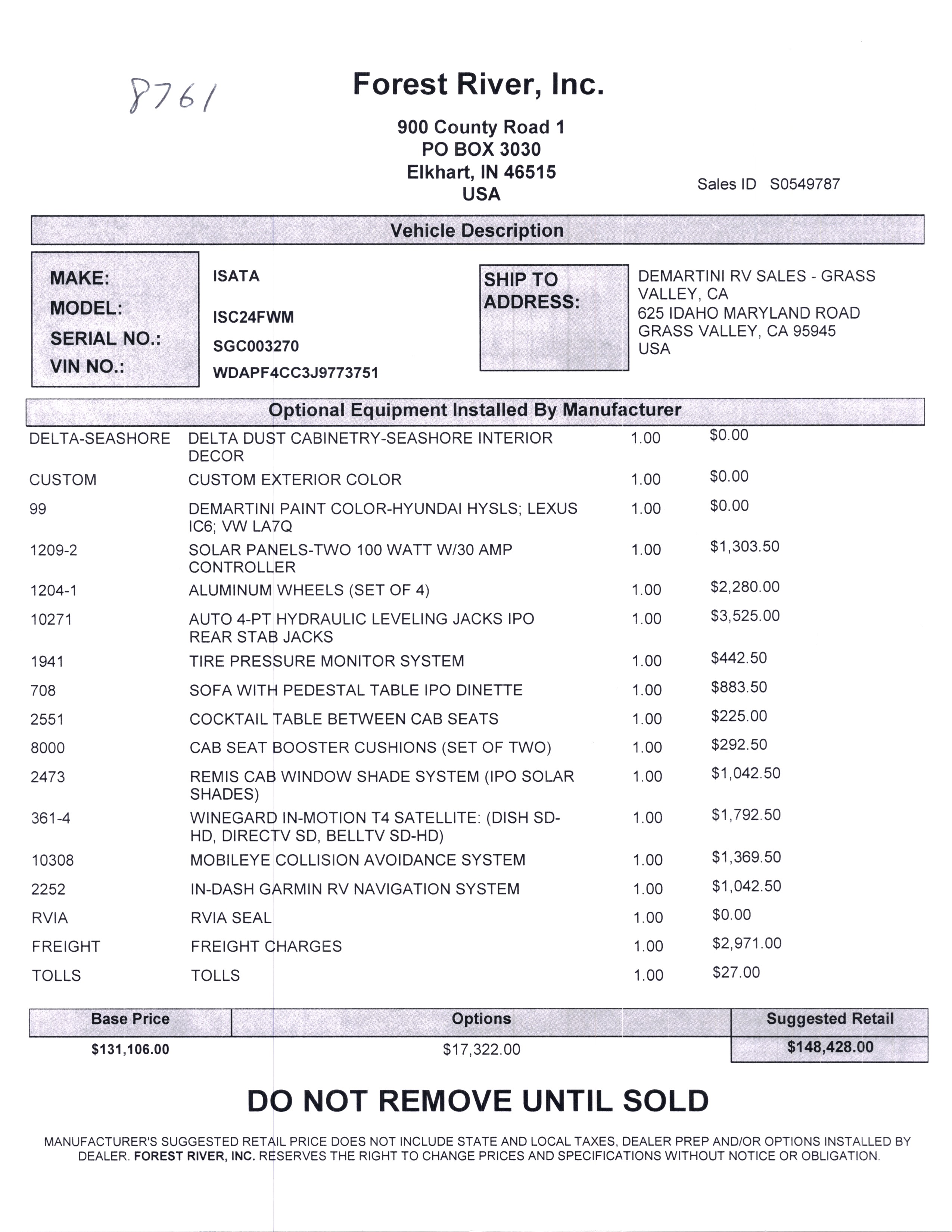 2020 Dynamax Isata 3 24FW MSRP Sheet