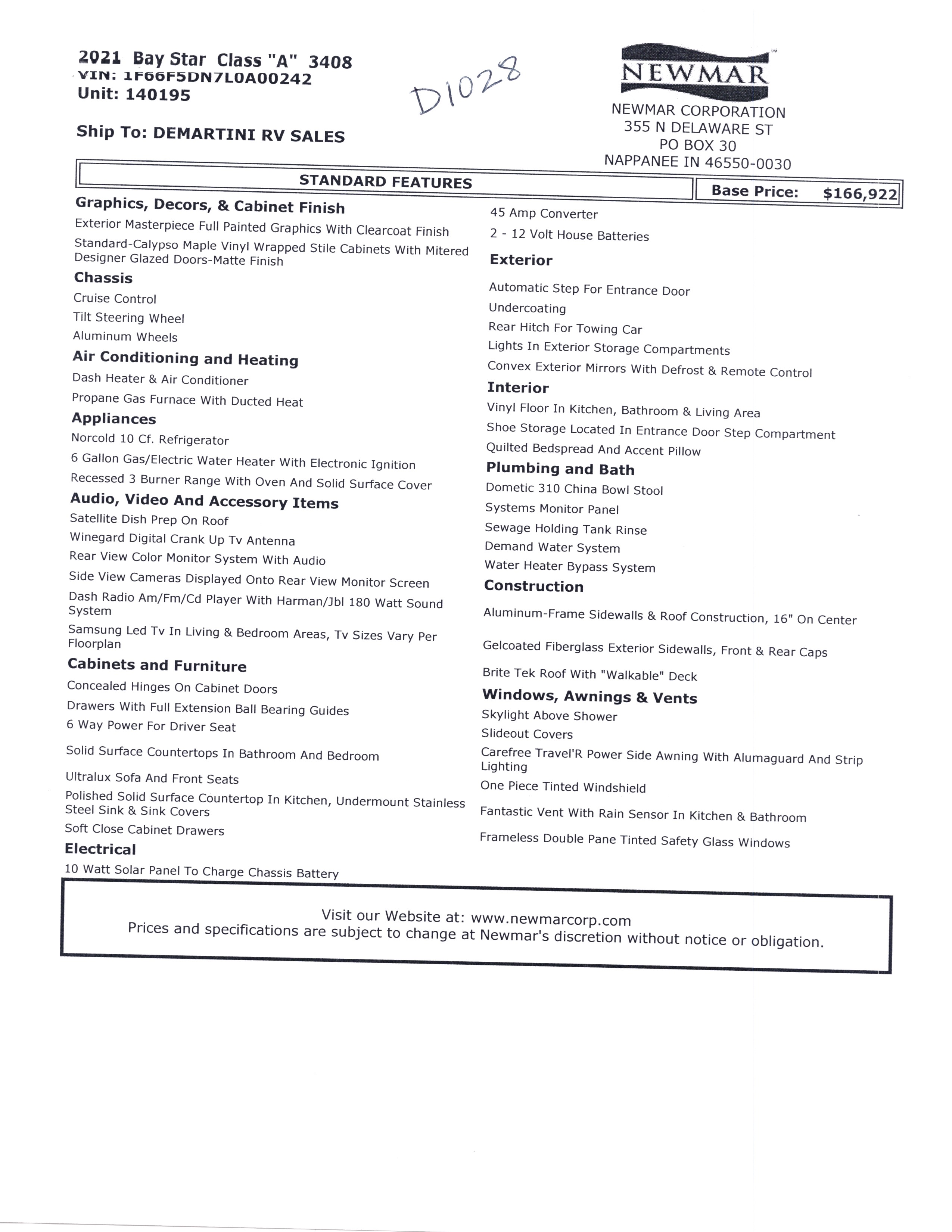 2021 Newmar Bay Star 3408 MSRP Sheet