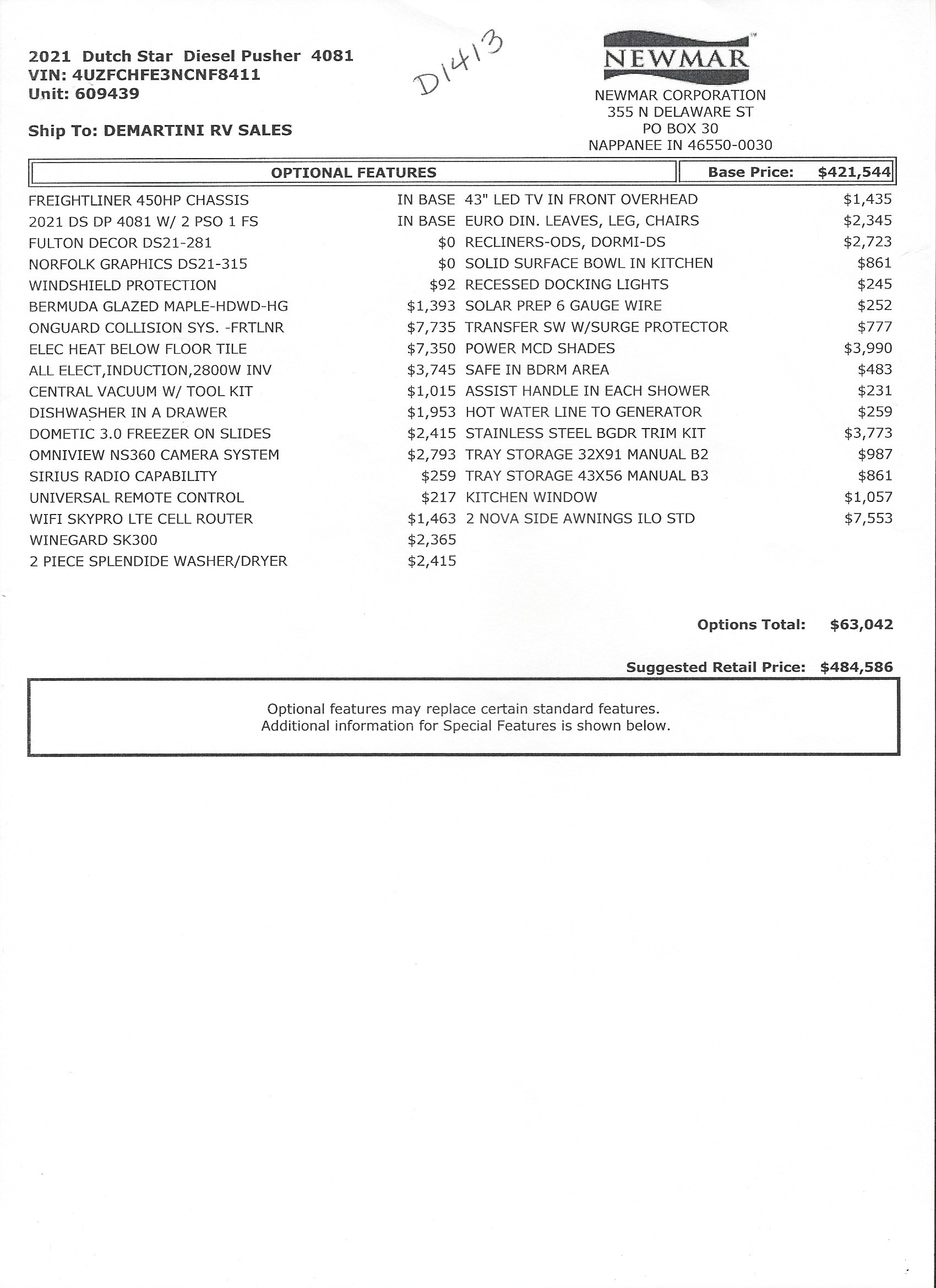 2021 Newmar Dutch Star 4081 MSRP Sheet