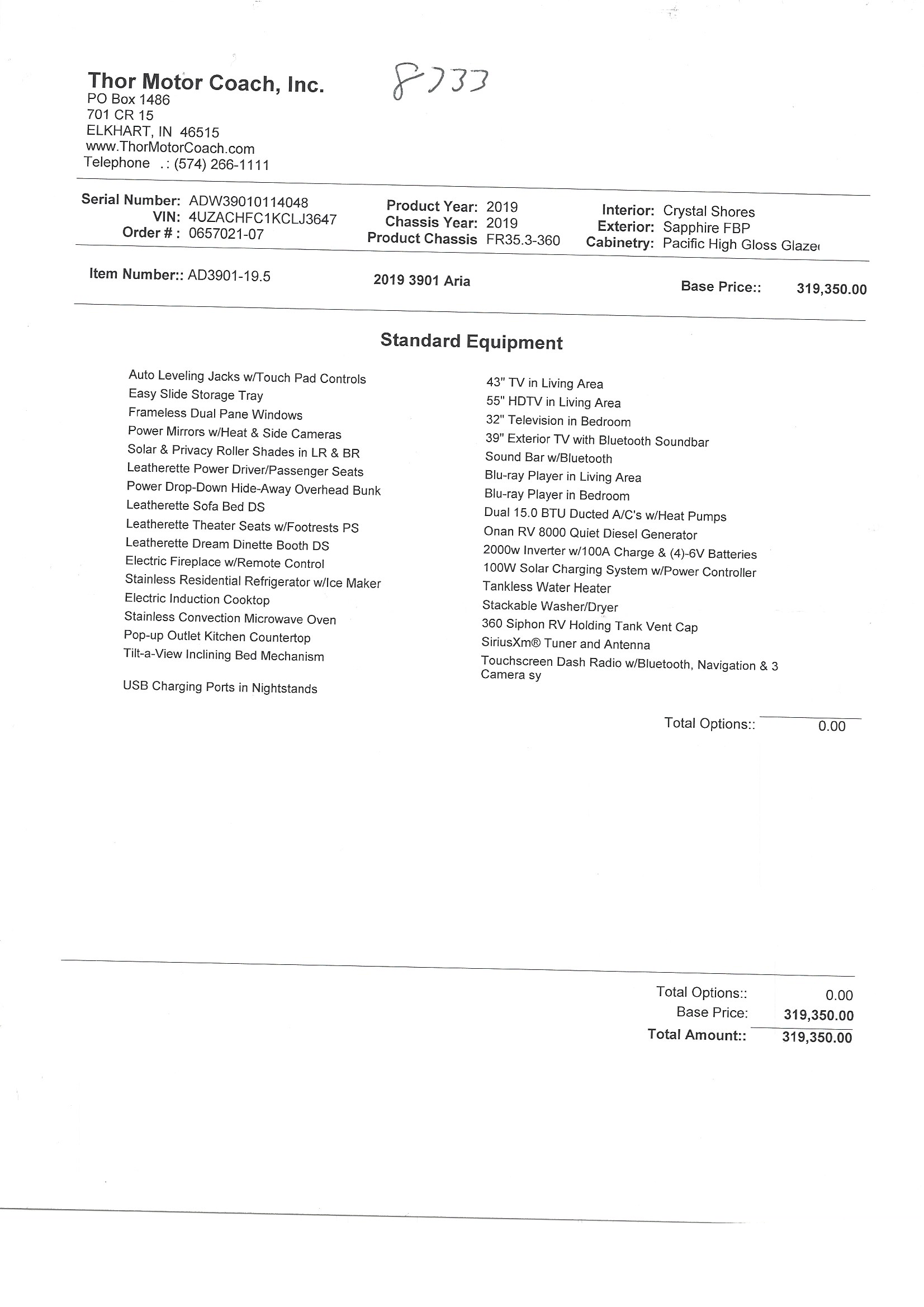 2019 Thor Aria 3901 MSRP Sheet