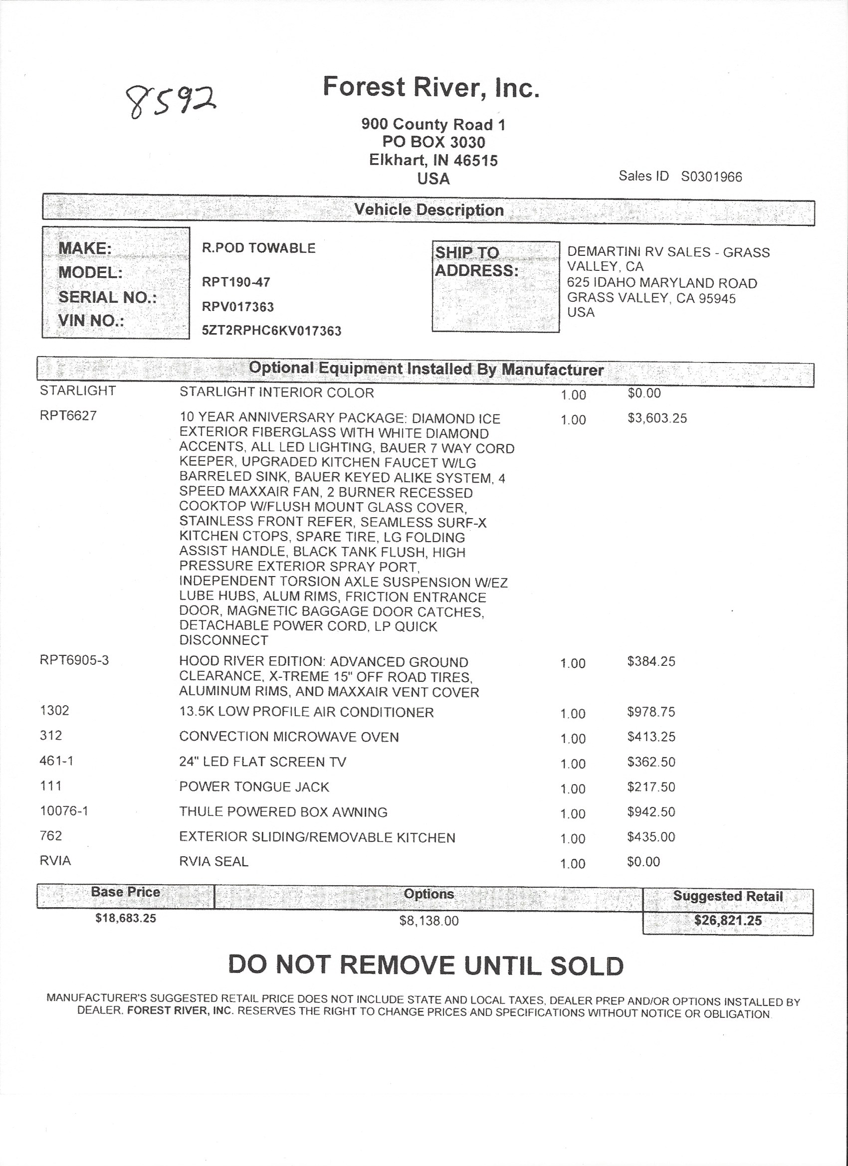 2018 Forest River R-Pod 190 MSRP Sheet