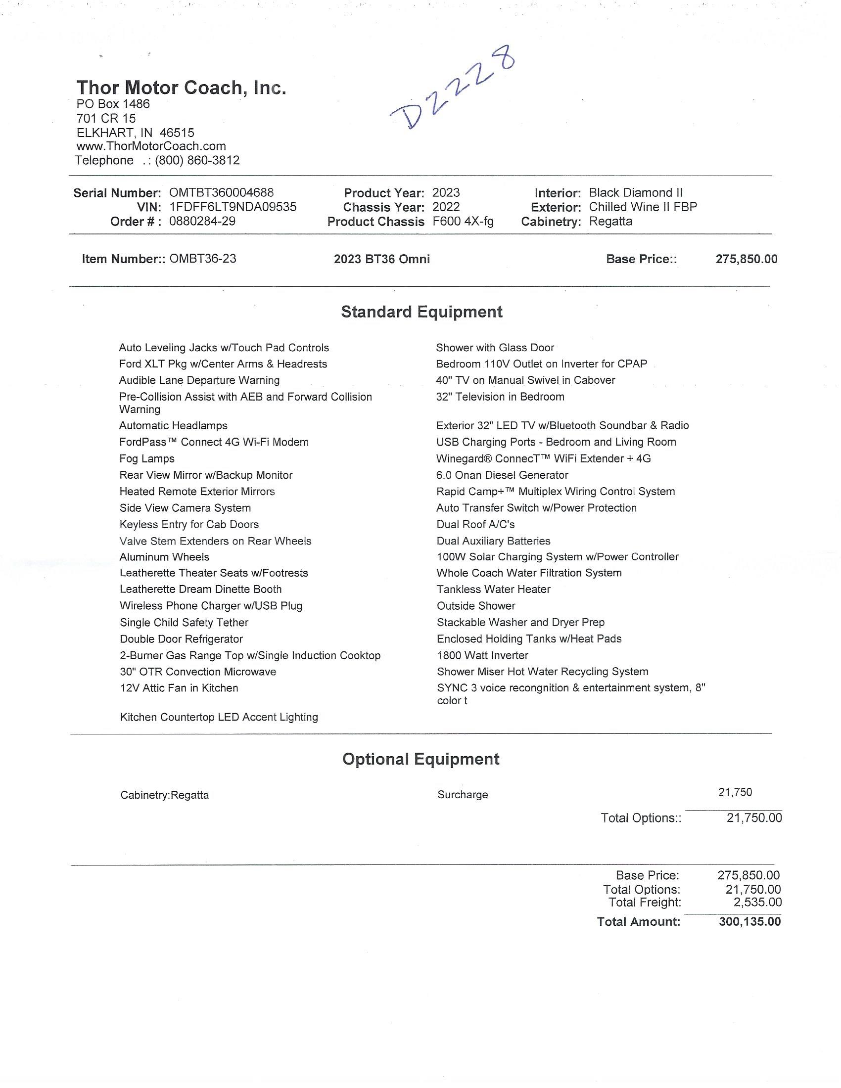 2023 Thor Omni 4x4 BT36 MSRP Sheet