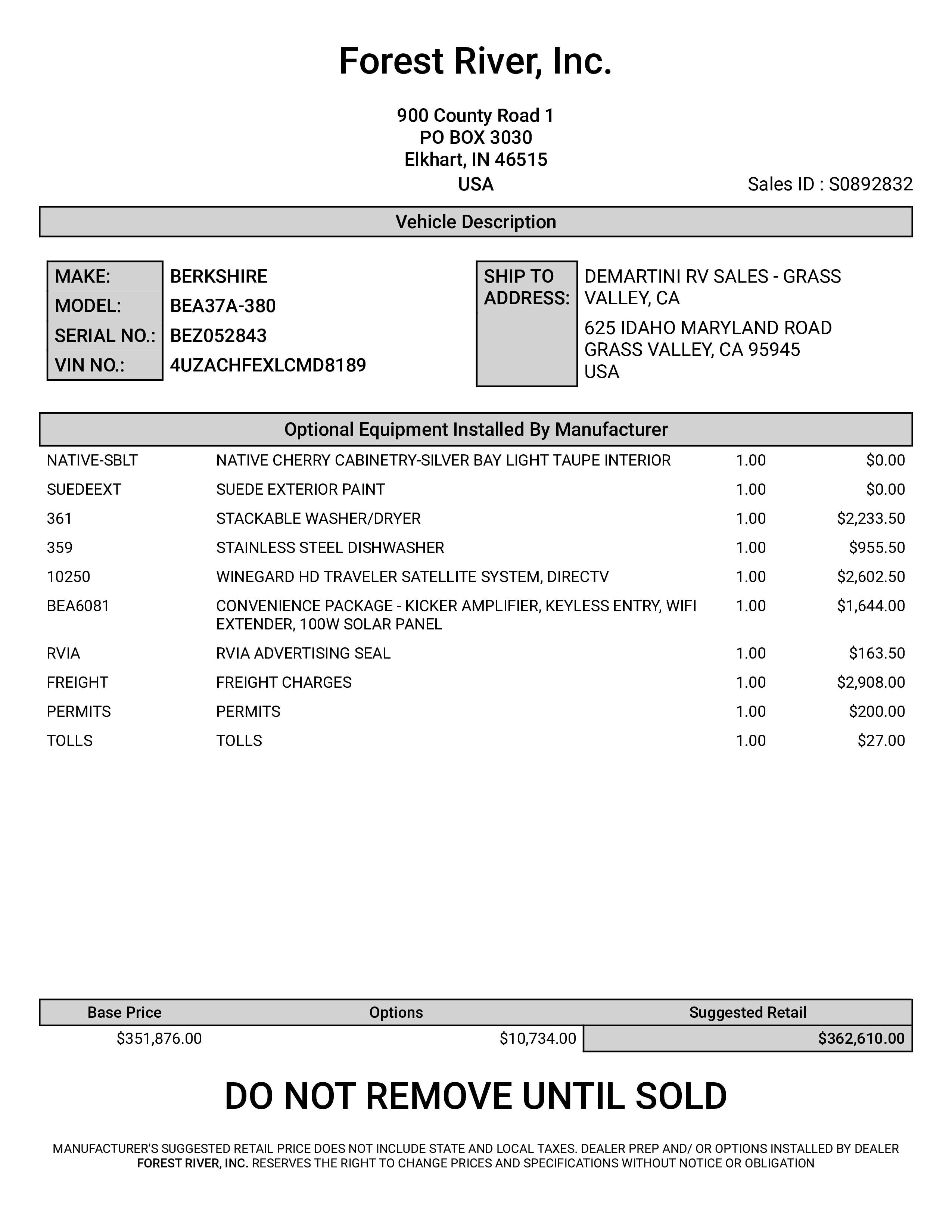 2021 Forest River Berkshire XL 37A MSRP Sheet