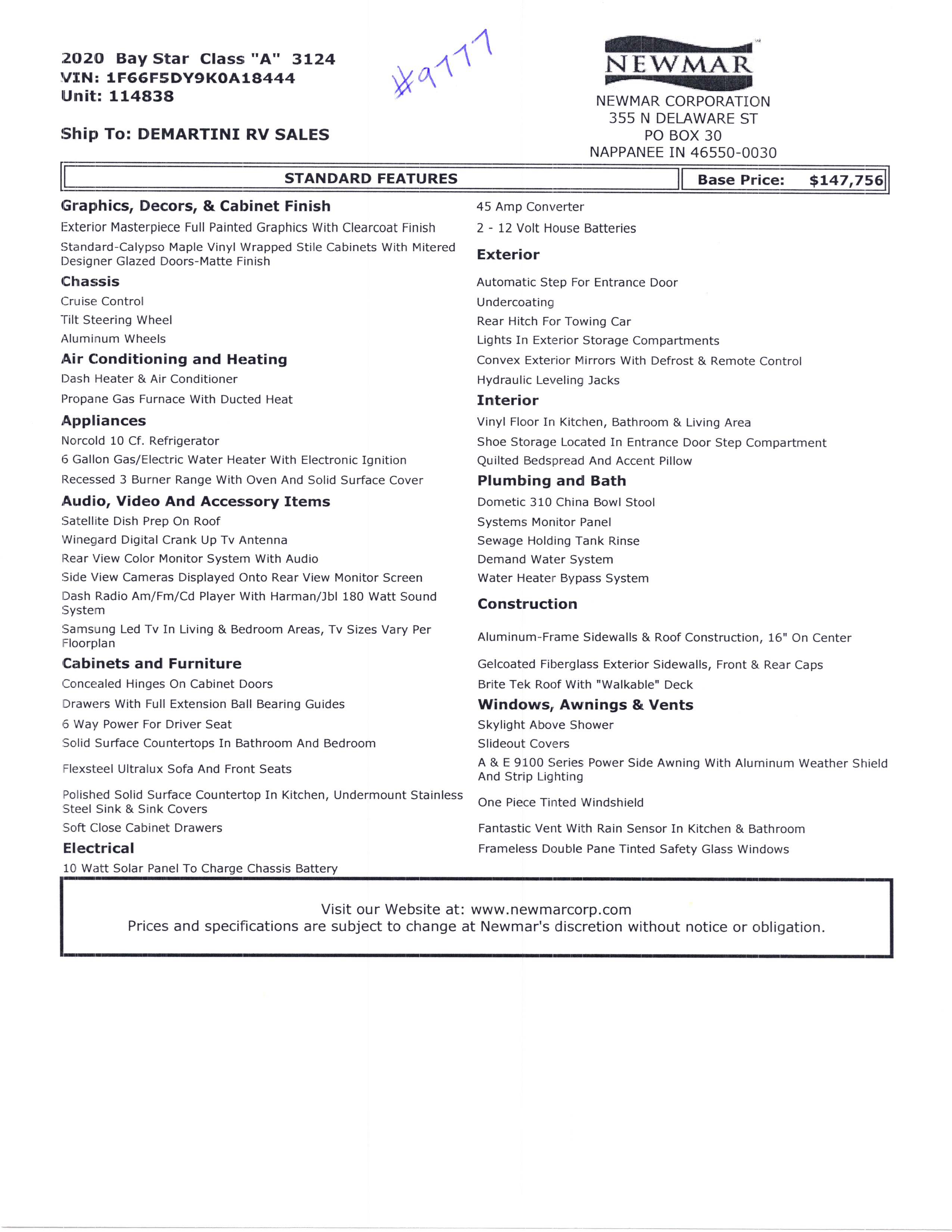 2020 Newmar Bay Star 3124 MSRP Sheet