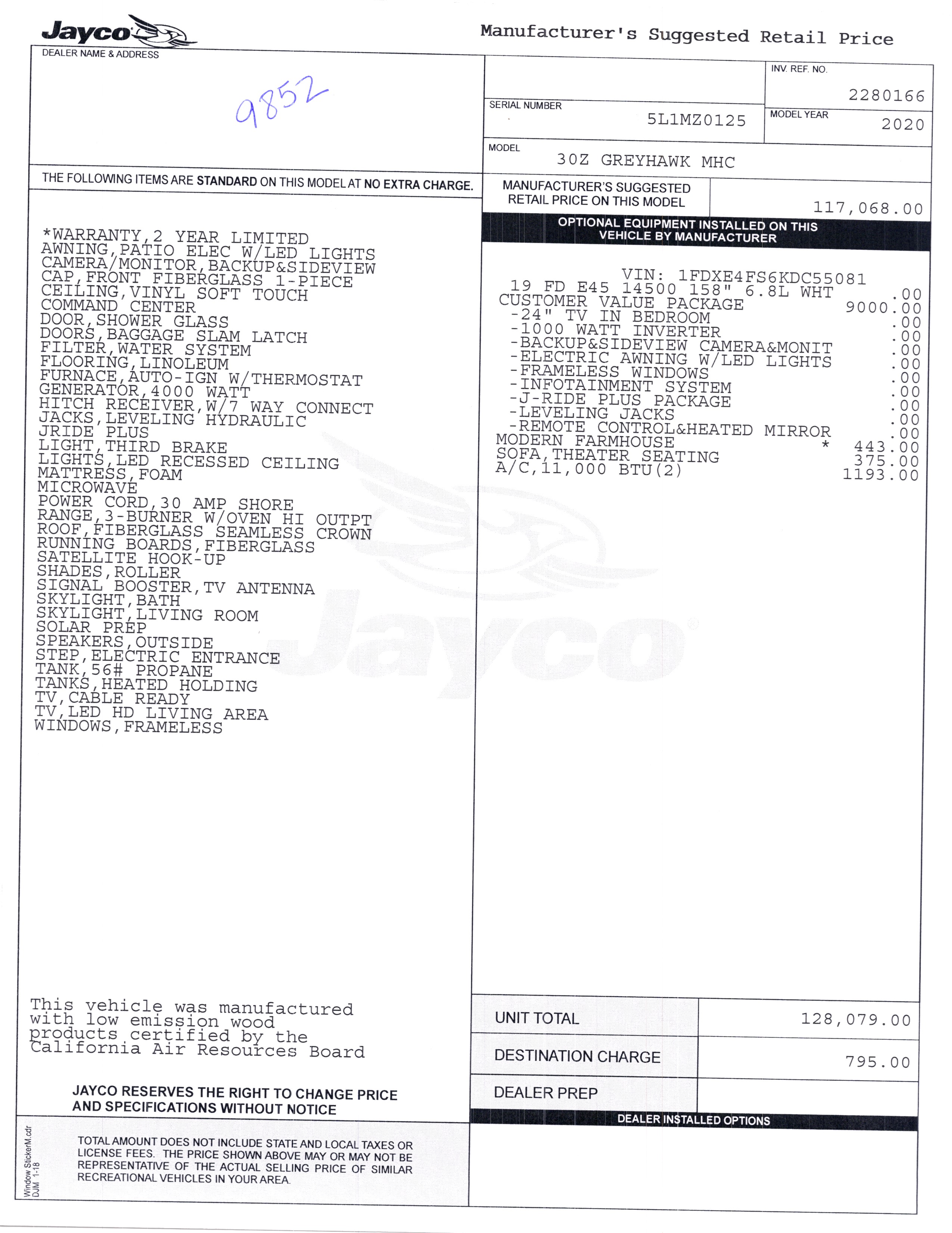 2020 Jayco Greyhawk 30Z MSRP Sheet