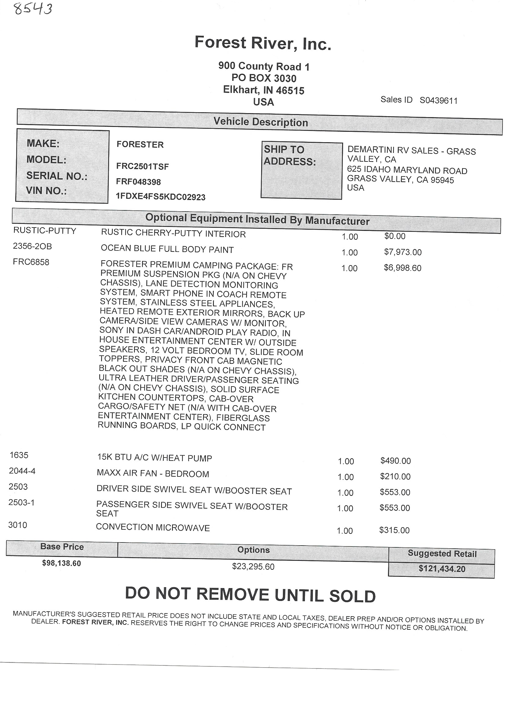 2019 Forest River Forester 2501TS MSRP Sheet