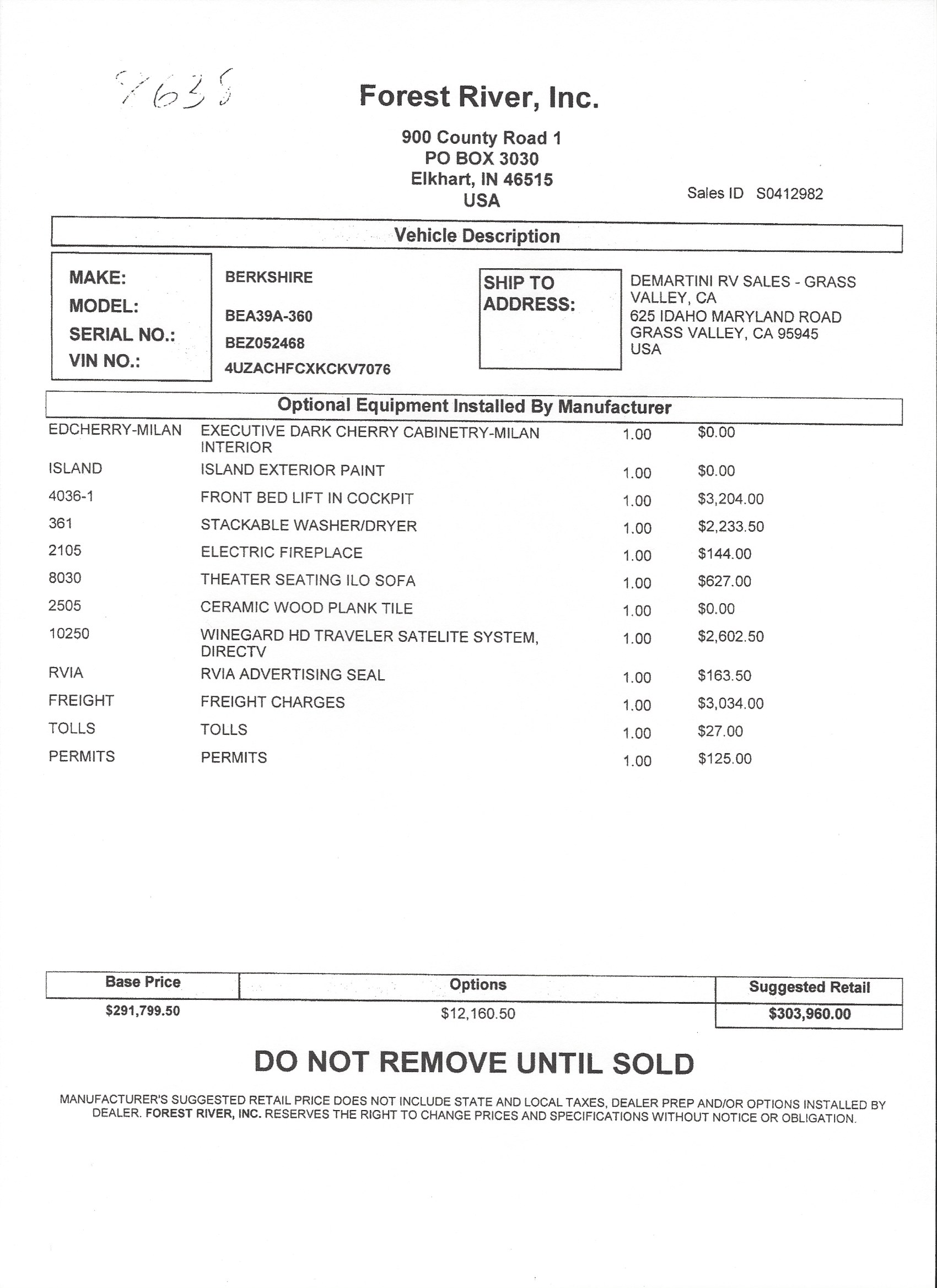 2019 Forest River Berkshire 39A MSRP Sheet