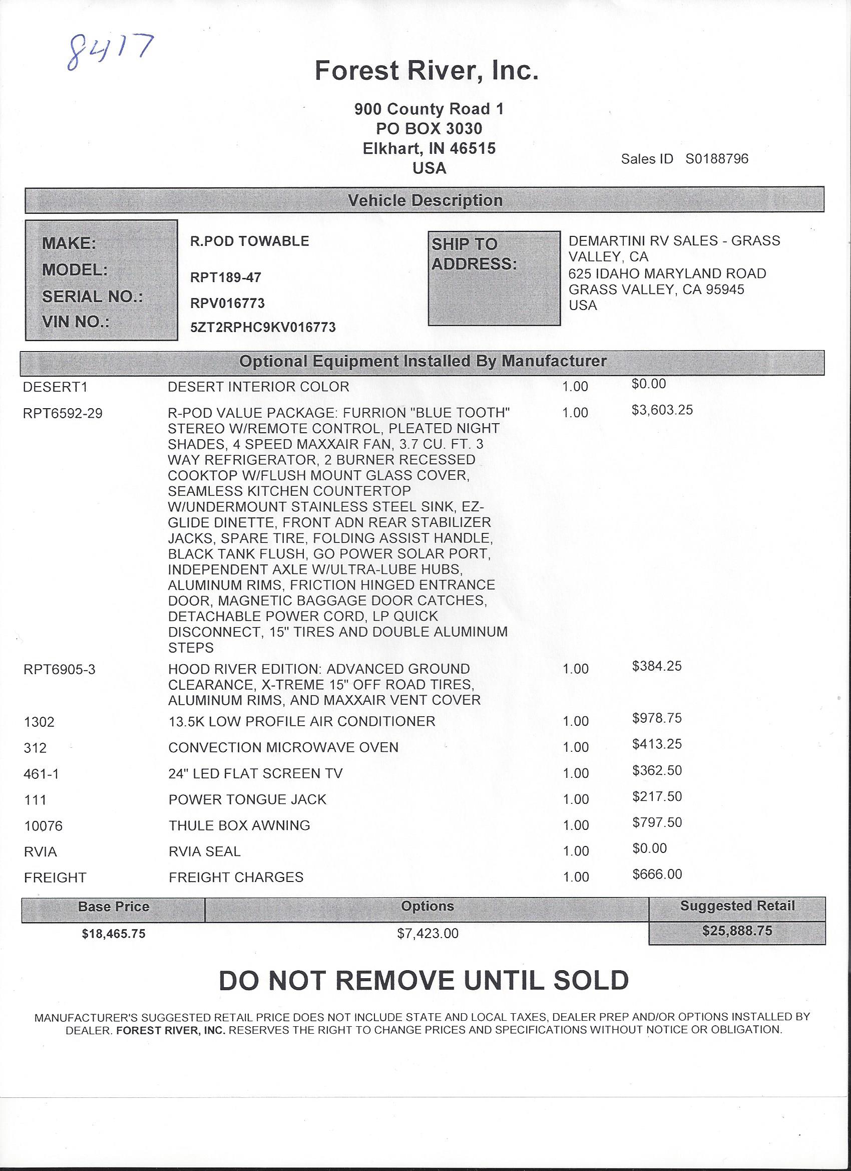 2019 Forest River R-Pod 189 MSRP Sheet