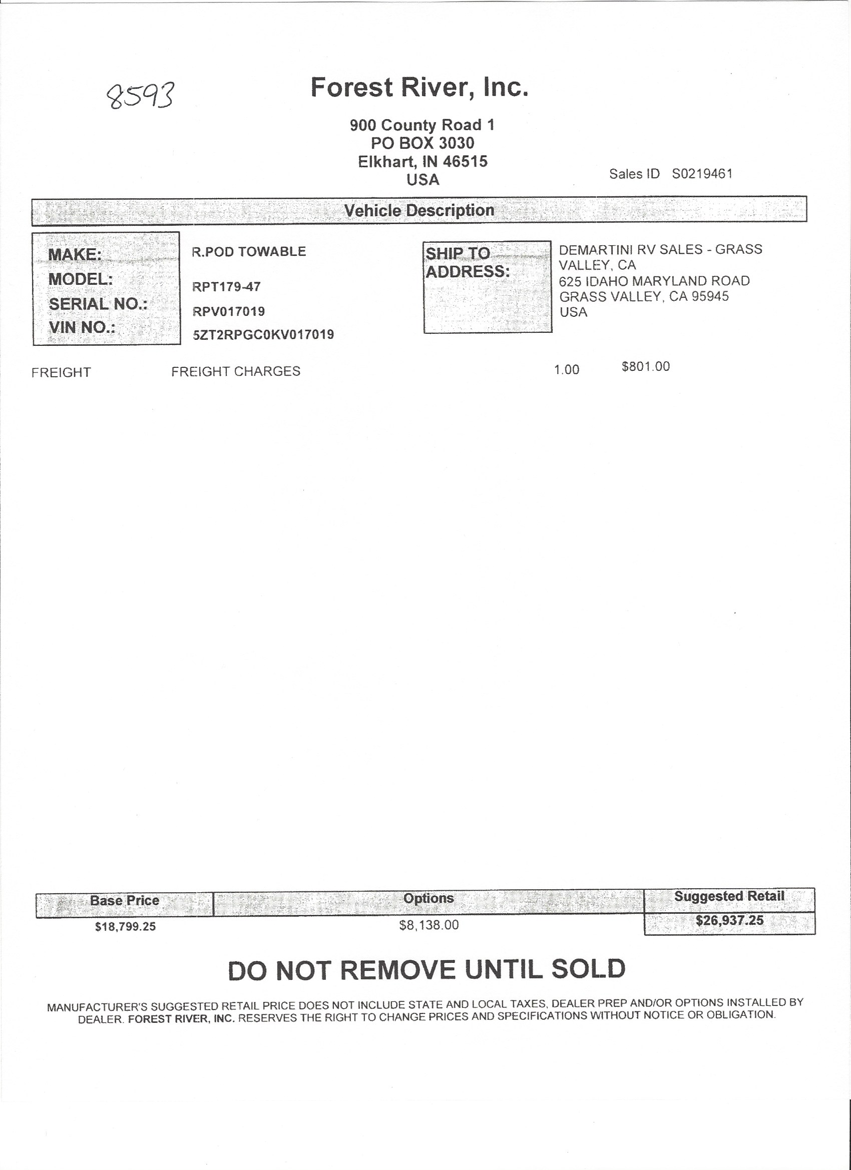 2019 Forest River R-Pod 179 MSRP Sheet