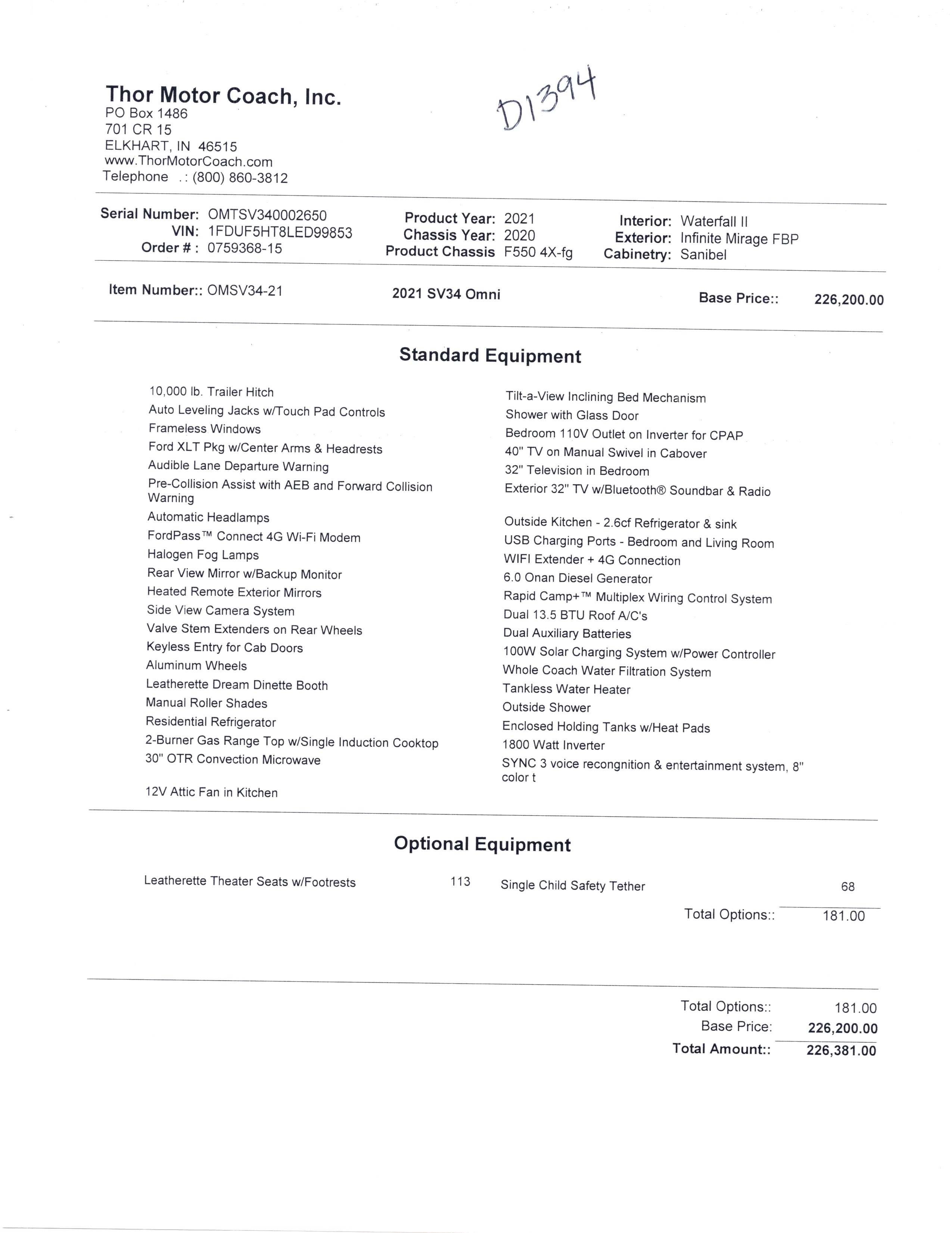 2021 Thor Omni 4x4 SV34 MSRP Sheet