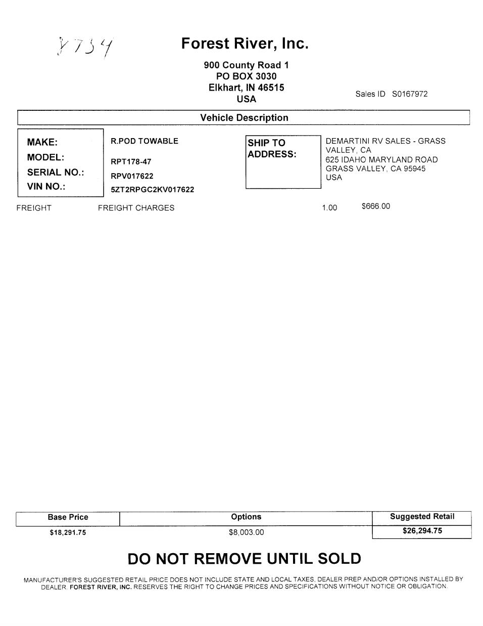 2019 Forest River R-Pod 178 MSRP Sheet