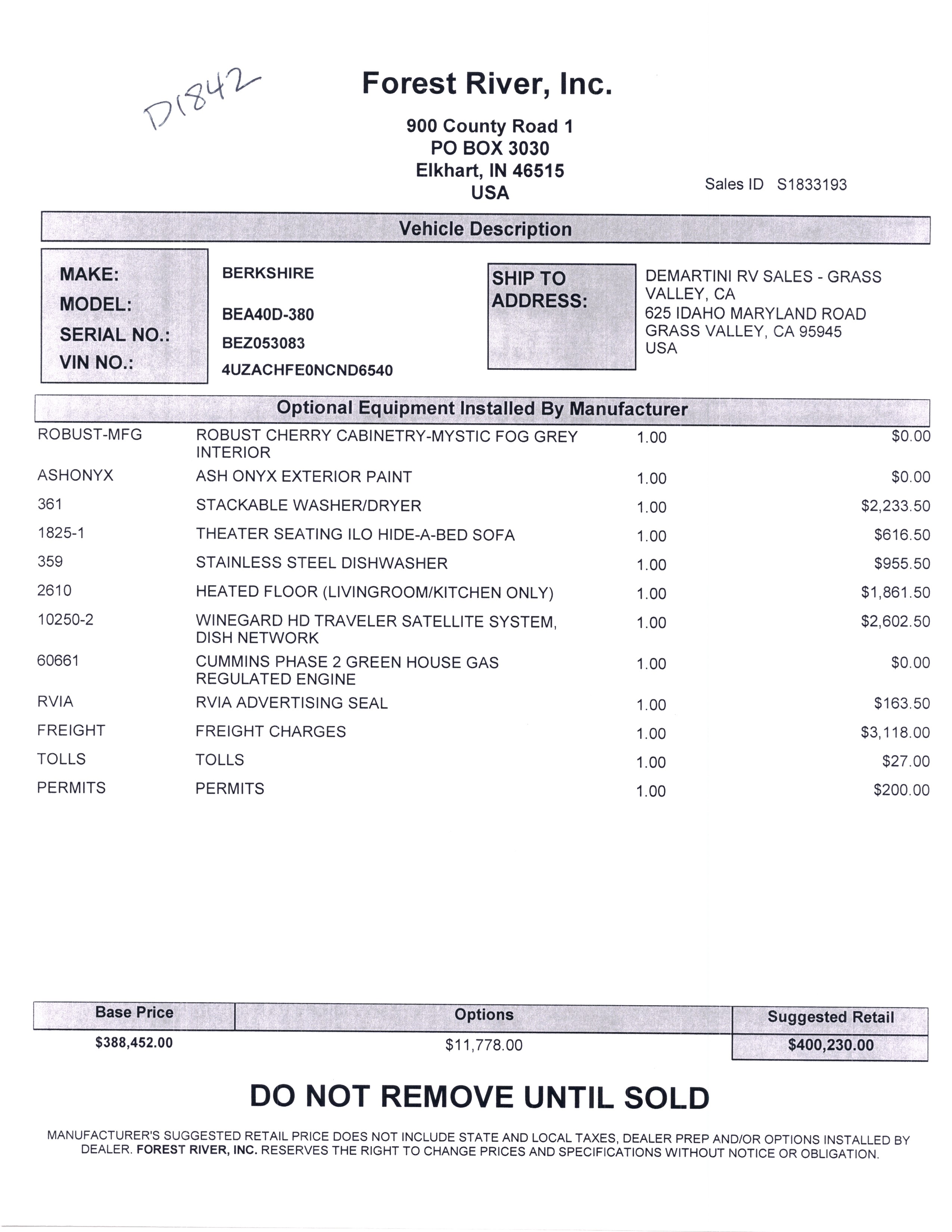 2021 Forest River Berkshire XL 40D MSRP Sheet