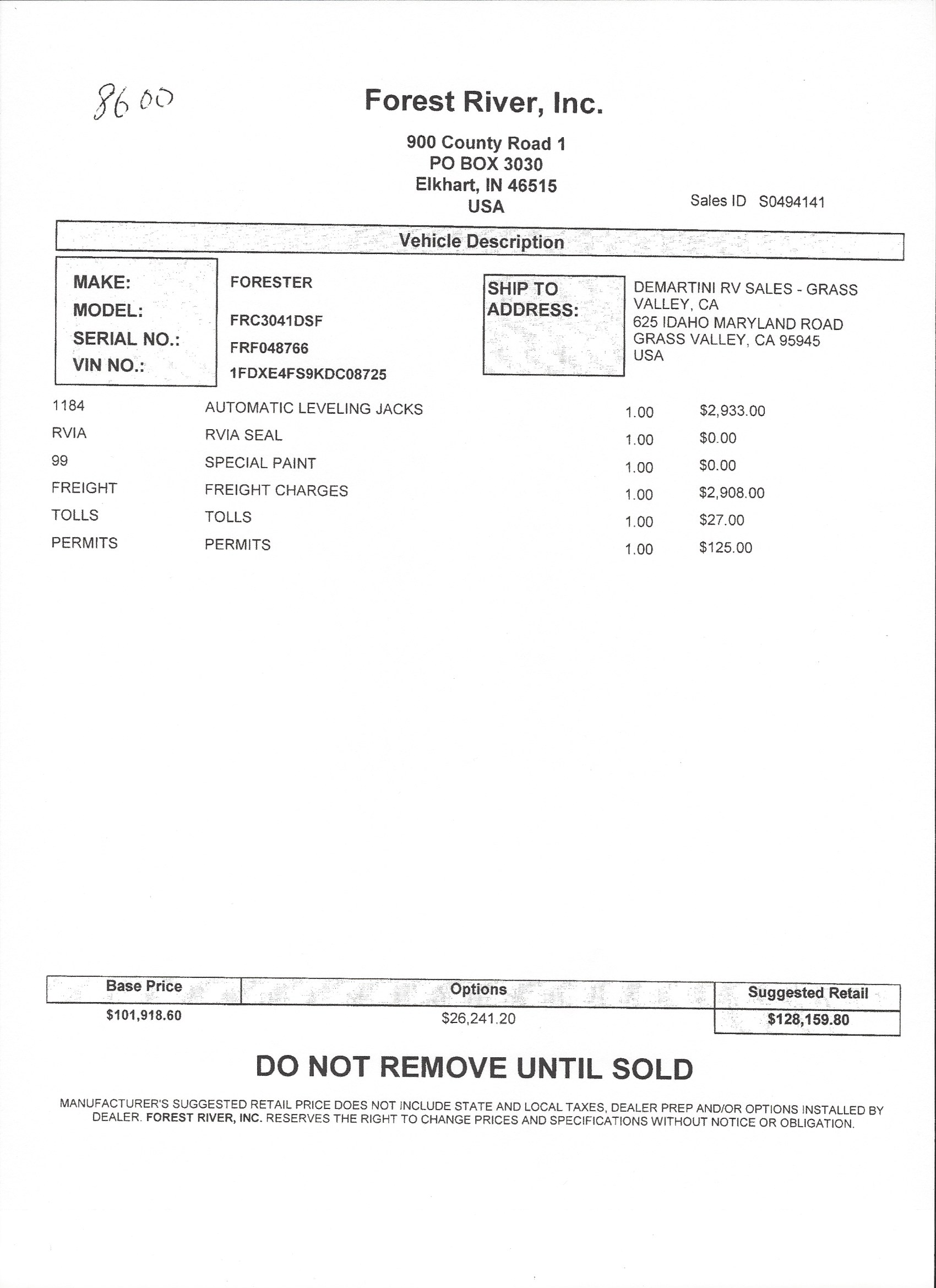 2019 Forest River Forester 3041DS MSRP Sheet