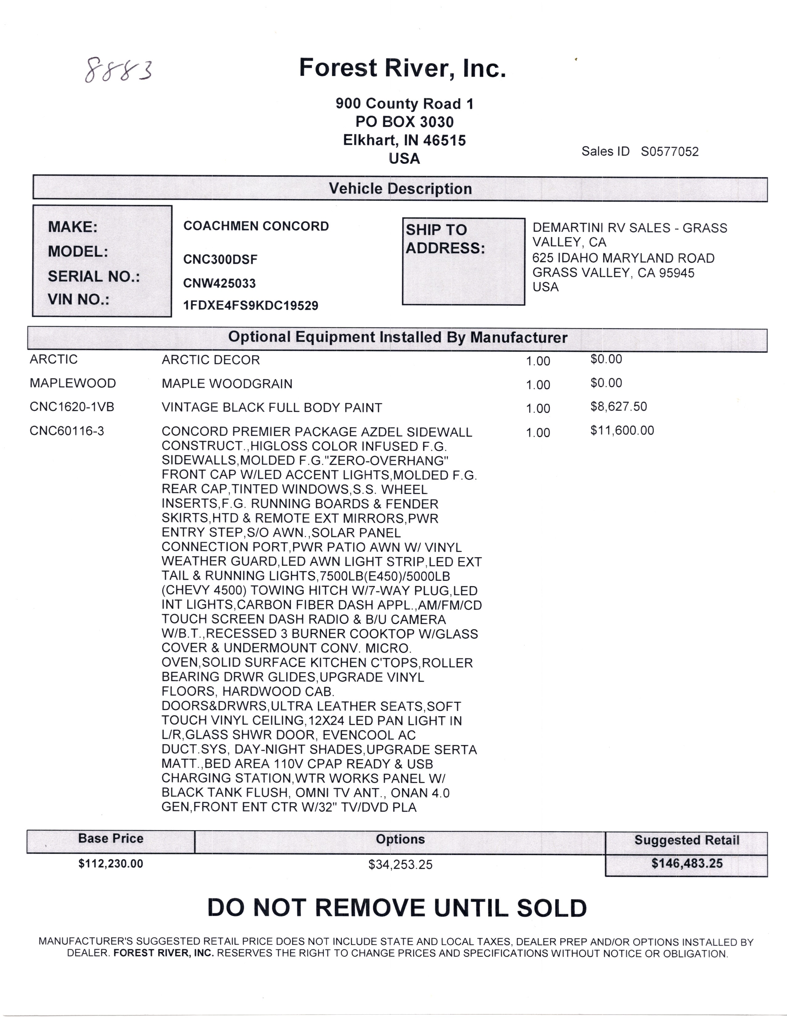 2019 Coachmen Concord 300DS MSRP Sheet