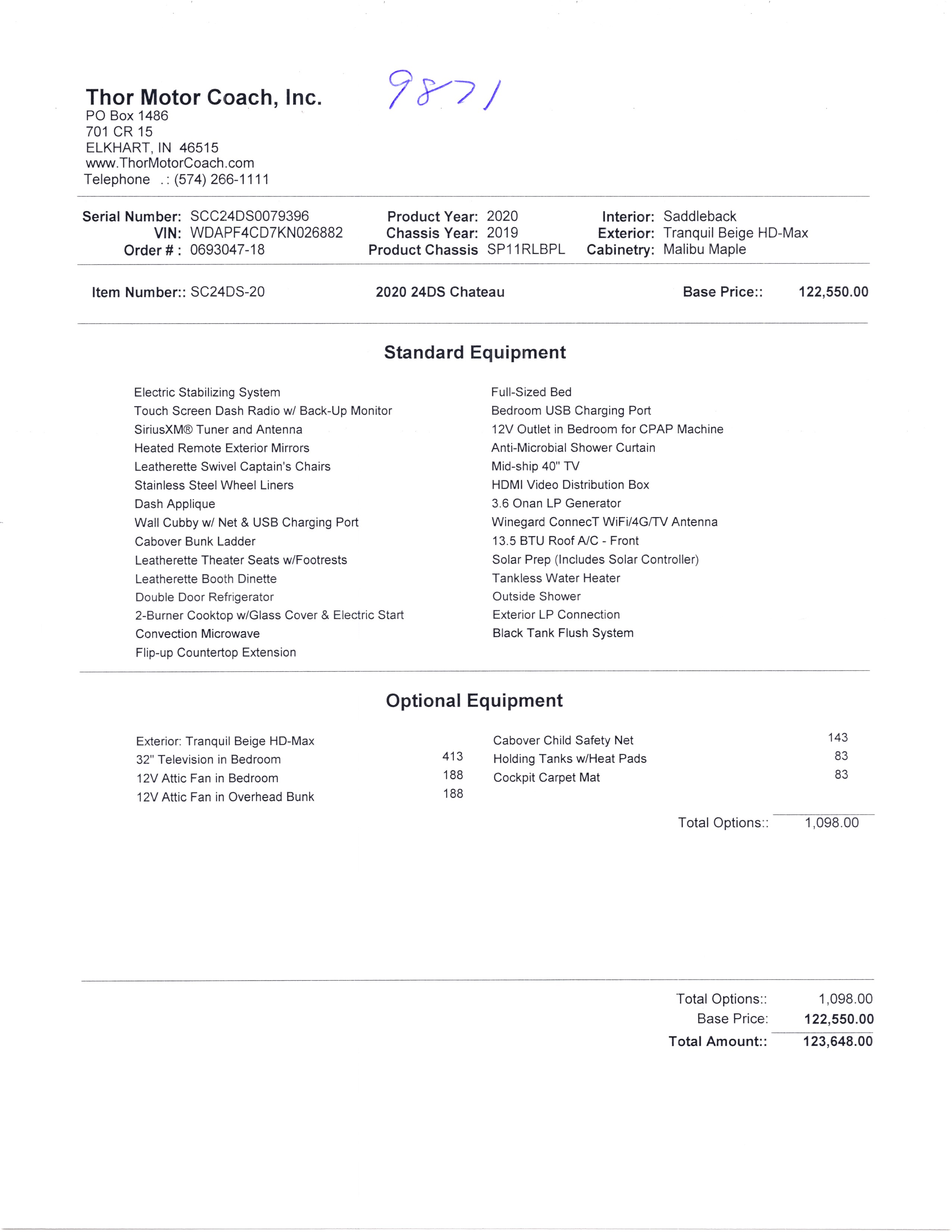 2020 Thor Chateau Sprinter 24DS MSRP Sheet