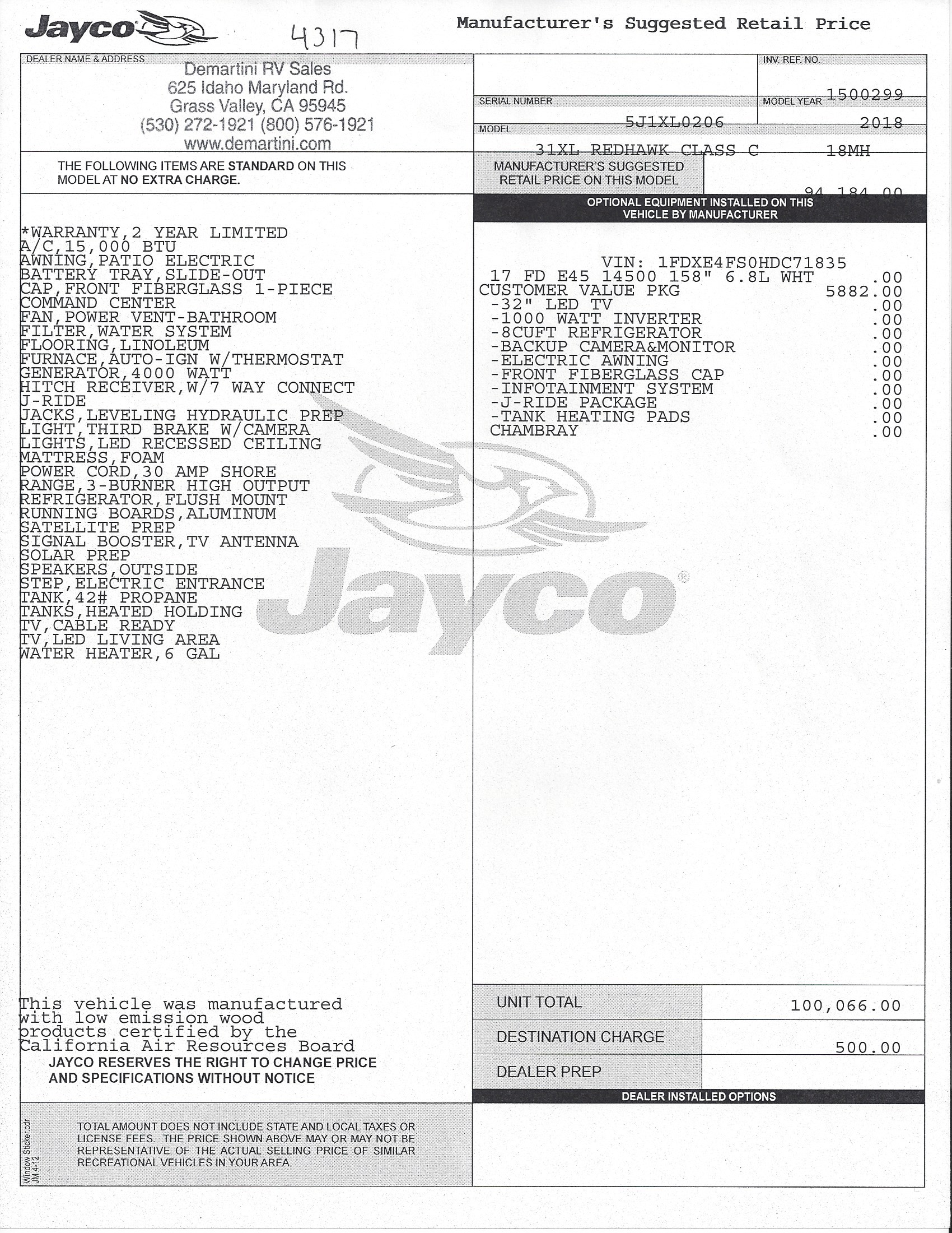 2018 Jayco Redhawk 31XL MSRP Sheet