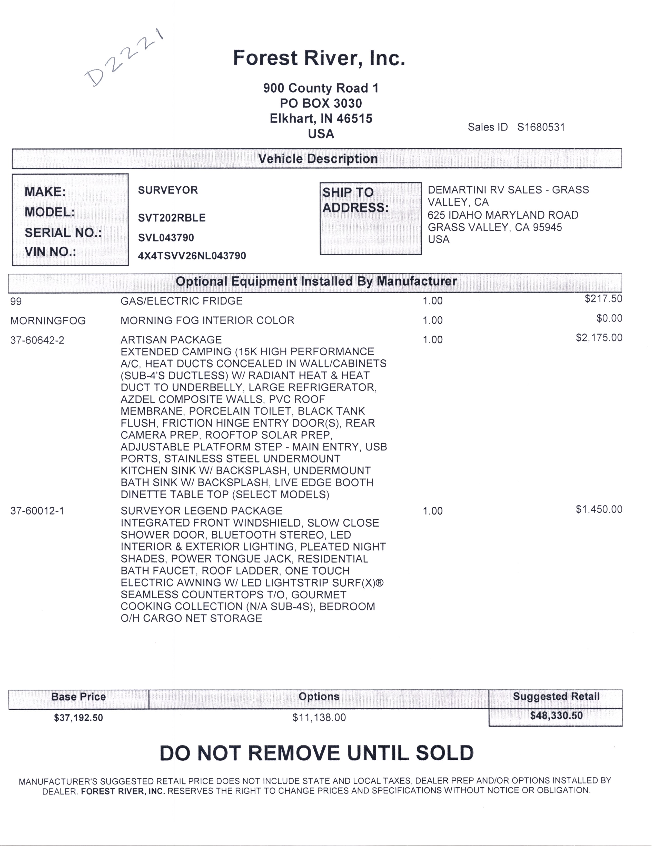 2022 Forest River Surveyor Legend 202RBLE MSRP Sheet