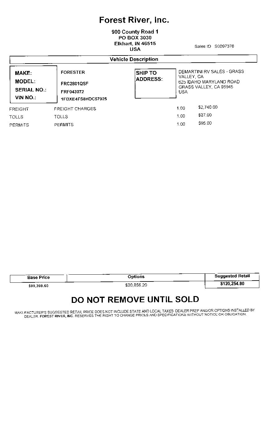 2018 Forest River Forester GTS 2801QS MSRP Sheet