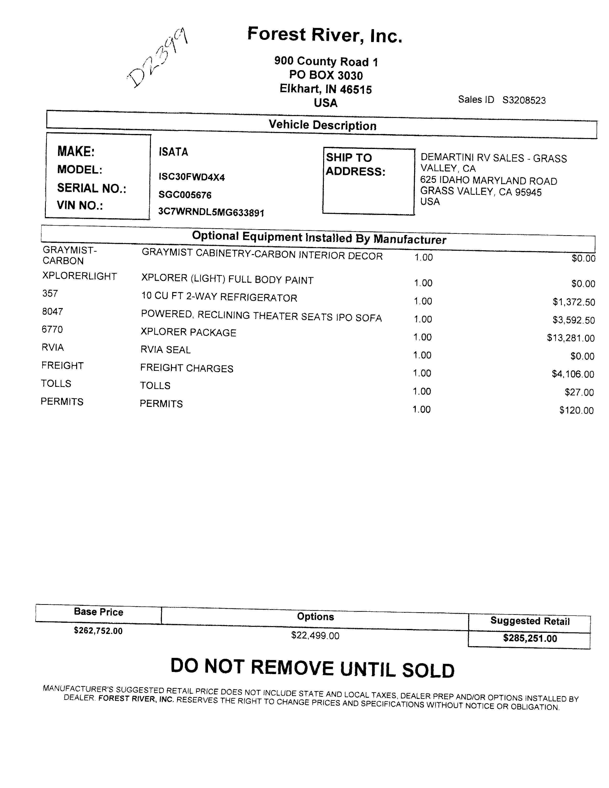 2023 Dynamax Isata 5 4x4 30FW with Xplorer Package MSRP Sheet