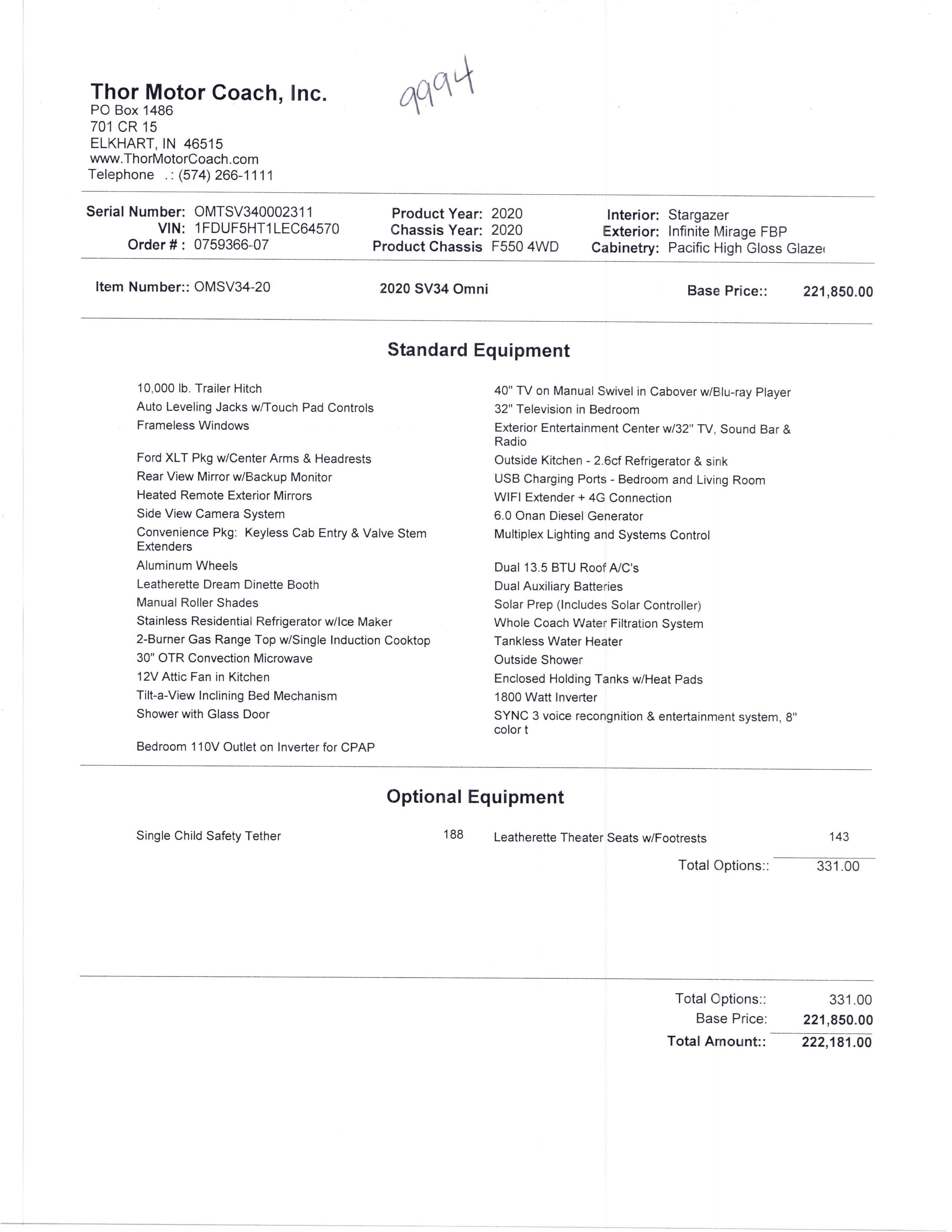 2020 Thor Omni 4x4 SV34 MSRP Sheet