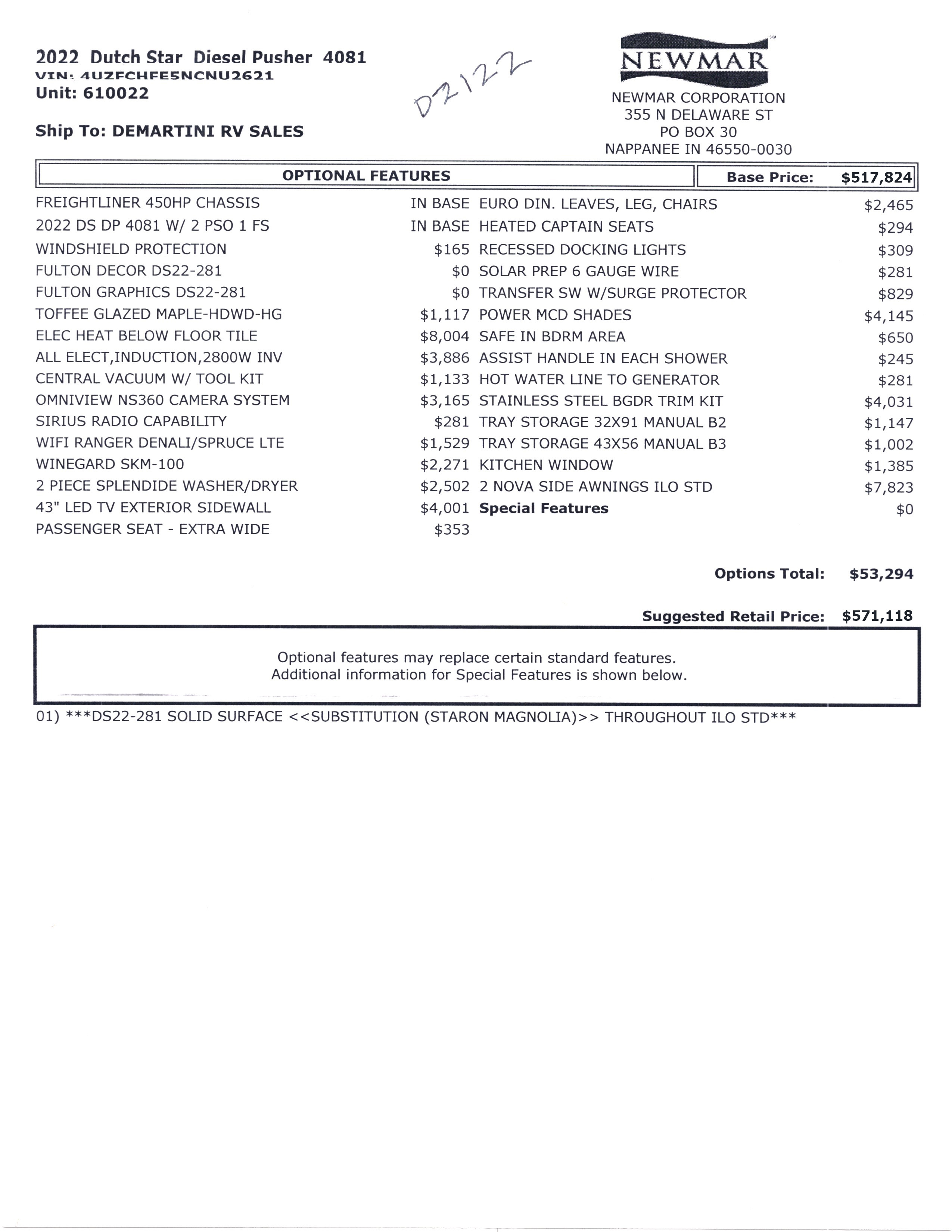 2022 Newmar Dutch Star 4081 MSRP Sheet