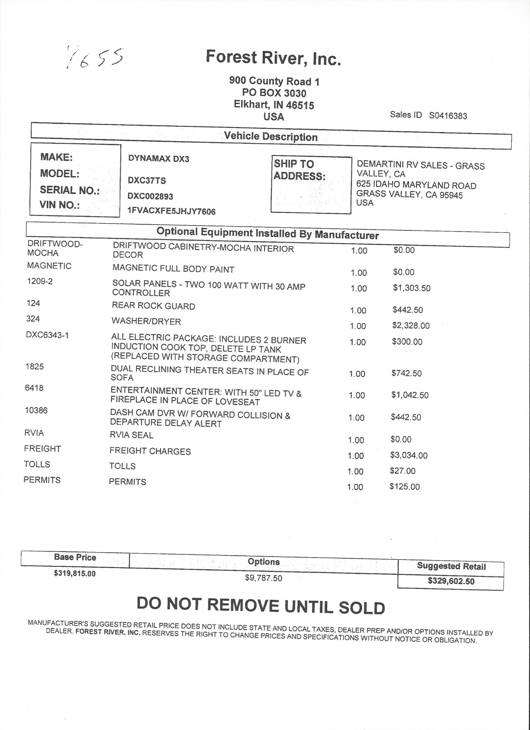 2019 Dynamax DX3 37TS MSRP Sheet