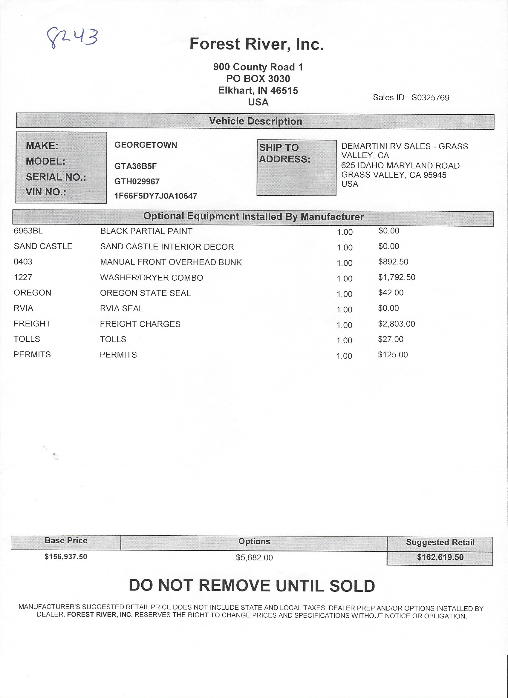 2019 Forest River Georgetown GT5 36B5 MSRP Sheet