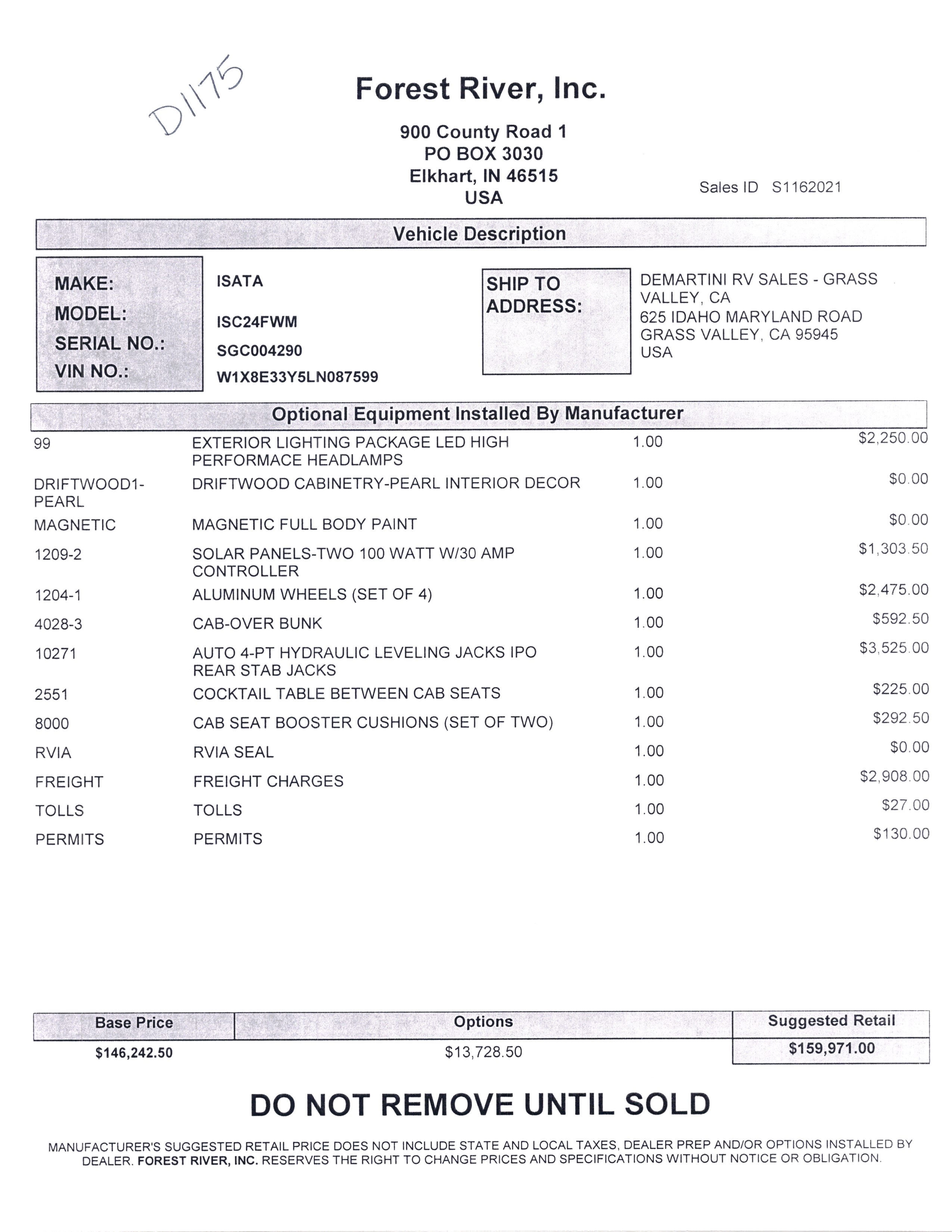 2021 Dynamax Isata 3 24FW MSRP Sheet