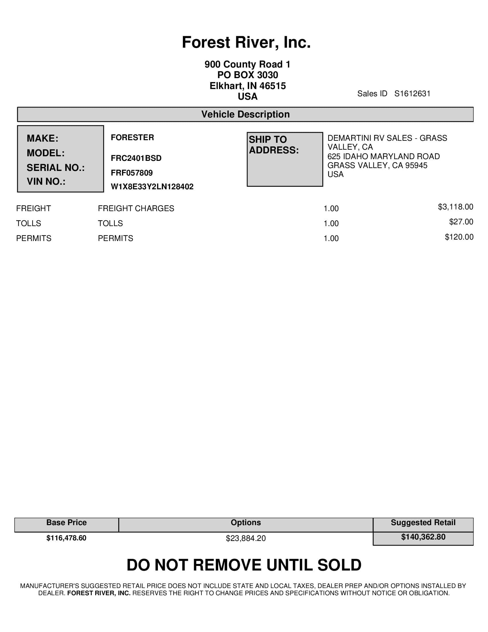 2021 Forest River Forester MBS 2401B MSRP Sheet