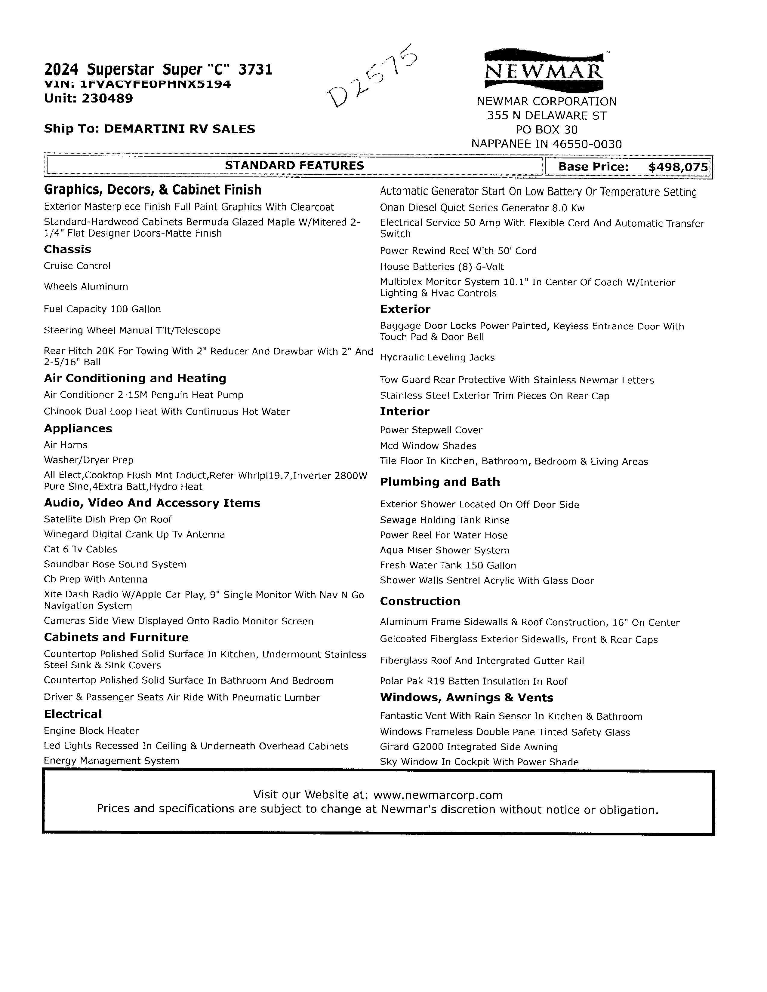 2024 Newmar Super Star 3731 MSRP Sheet