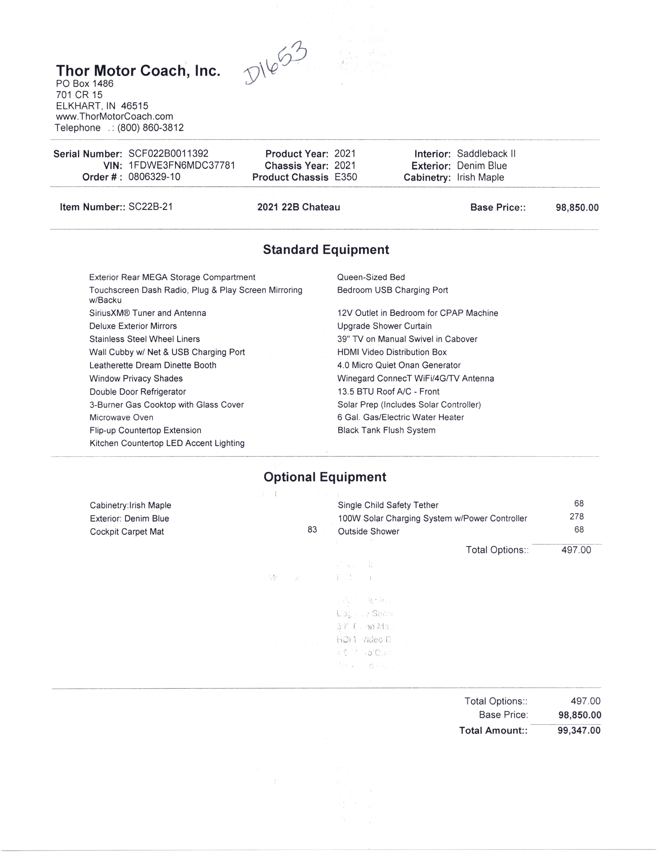 2021 Thor Chateau 22B MSRP Sheet