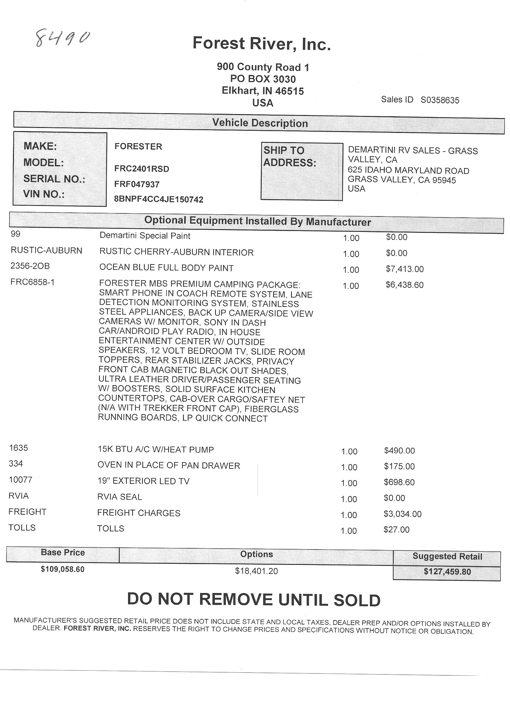 2019 Forest River Forester MBS 2401R MSRP Sheet