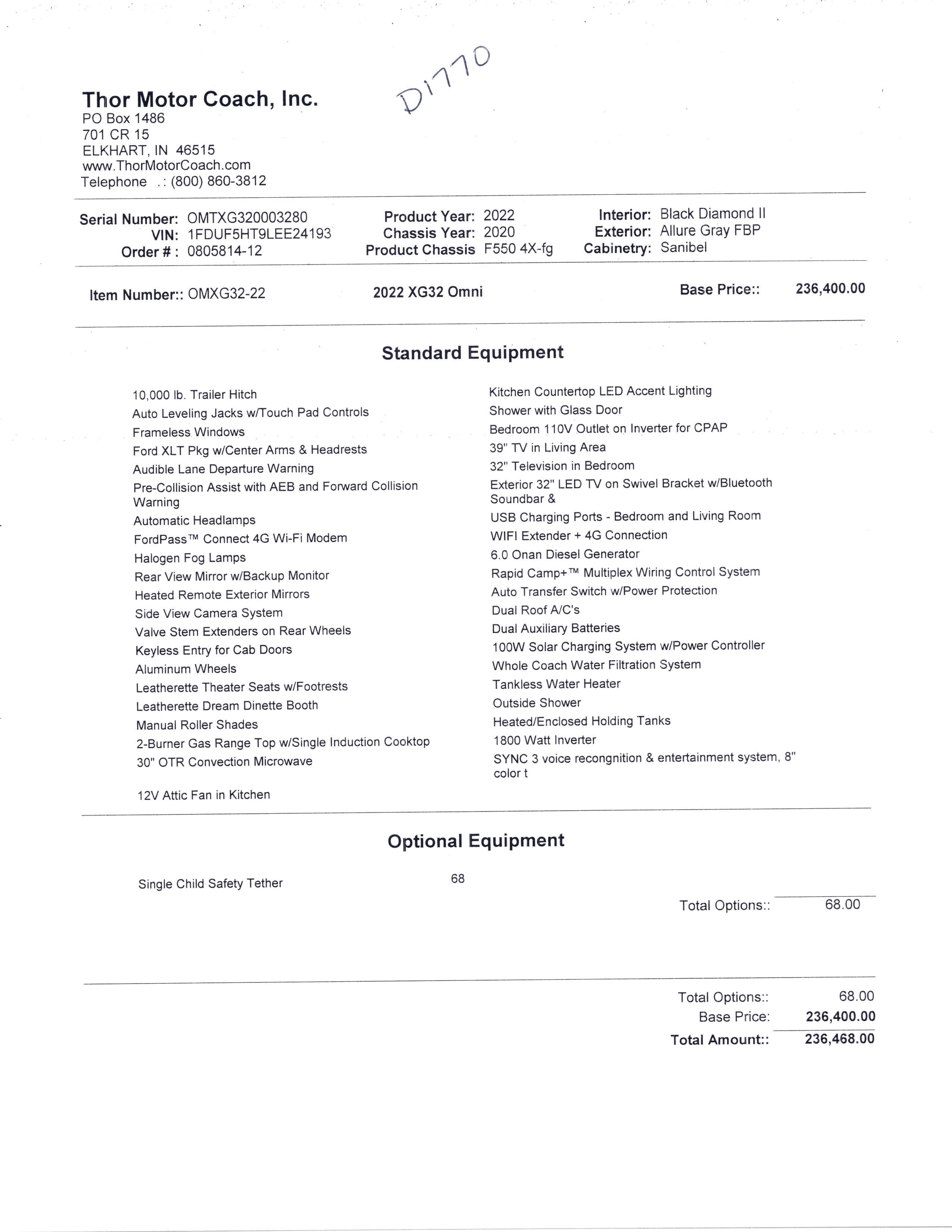 2022 Thor Omni 4x4 XG32 MSRP Sheet