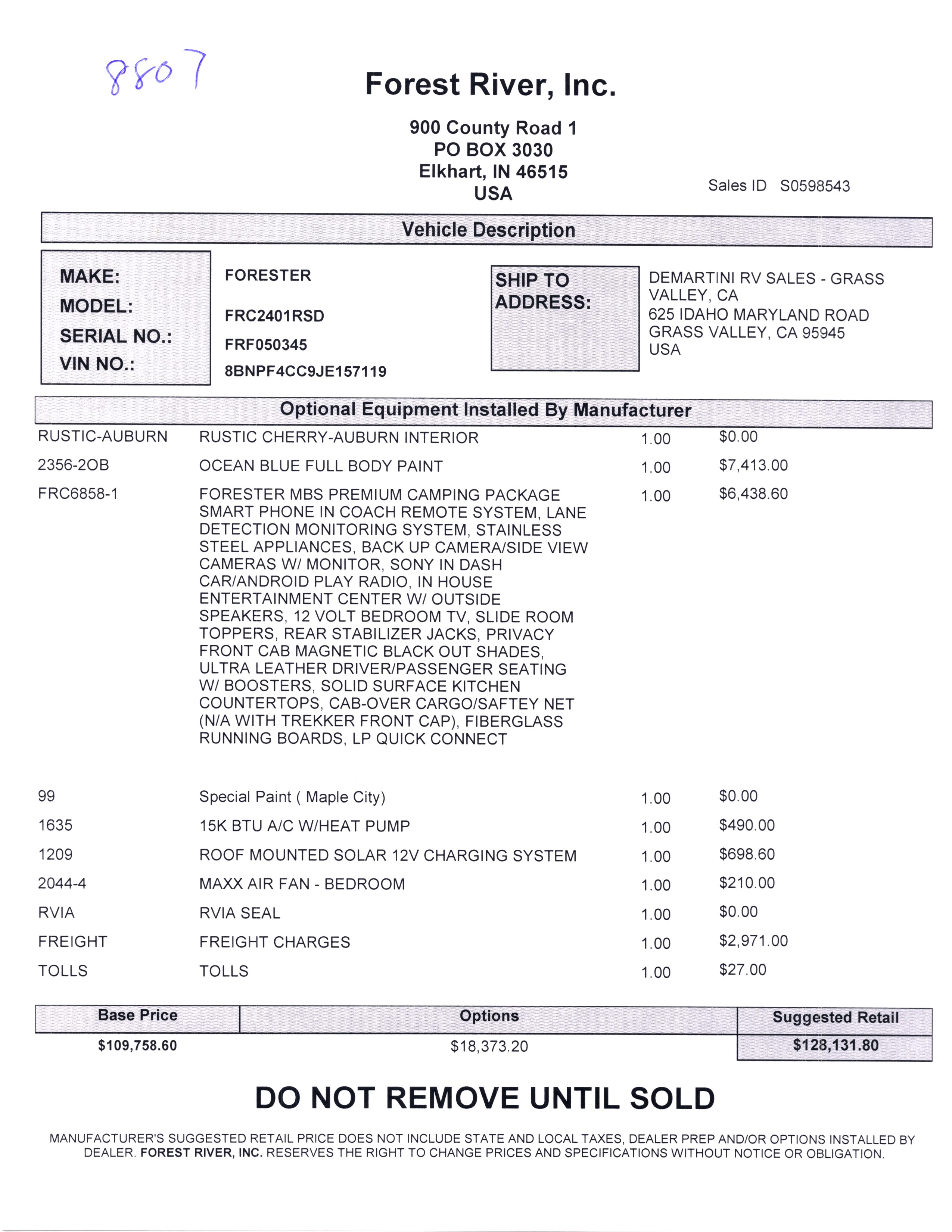 2020 Forest River Forester MBS 2401R MSRP Sheet