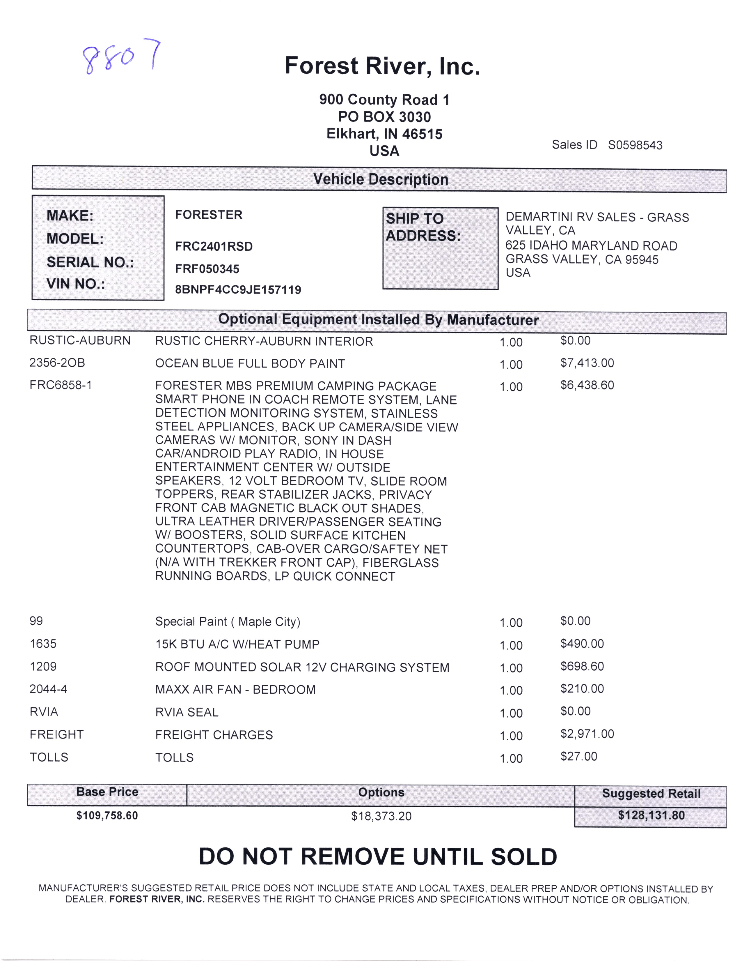 2020 Forest River Forester MBS 2401R MSRP Sheet