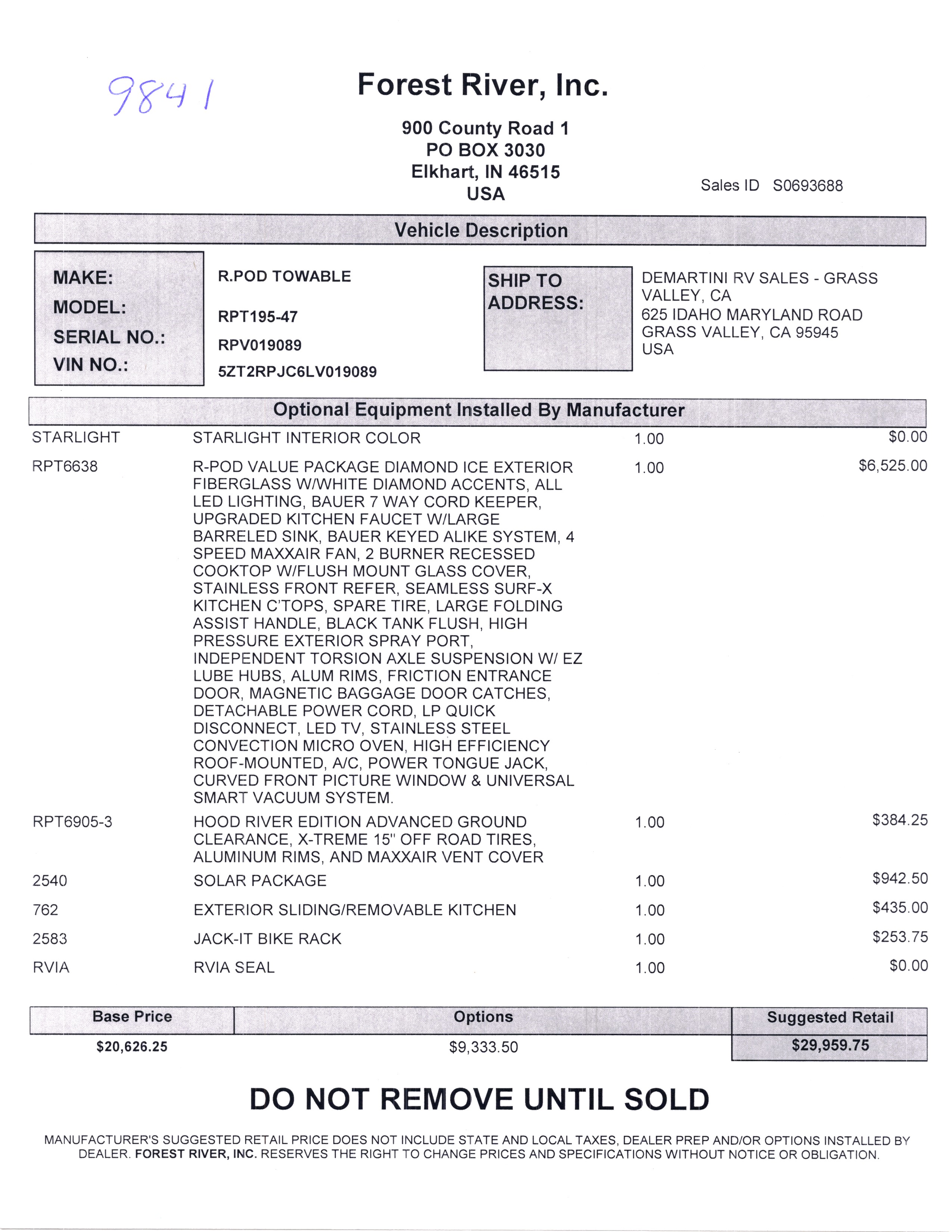 2020 Forest River R-Pod 195 MSRP Sheet