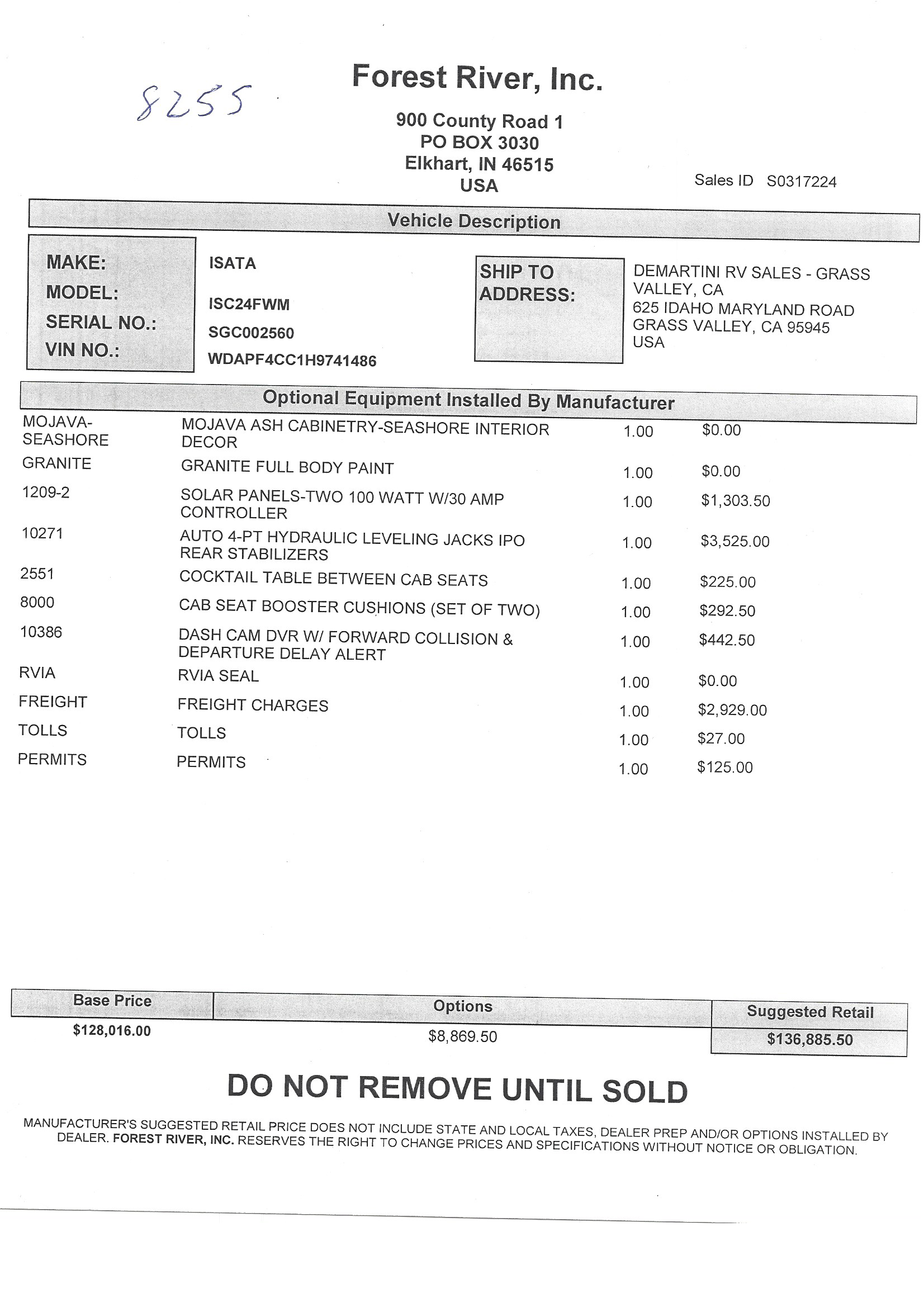 2019 Dynamax Isata 3 24FW MSRP Sheet