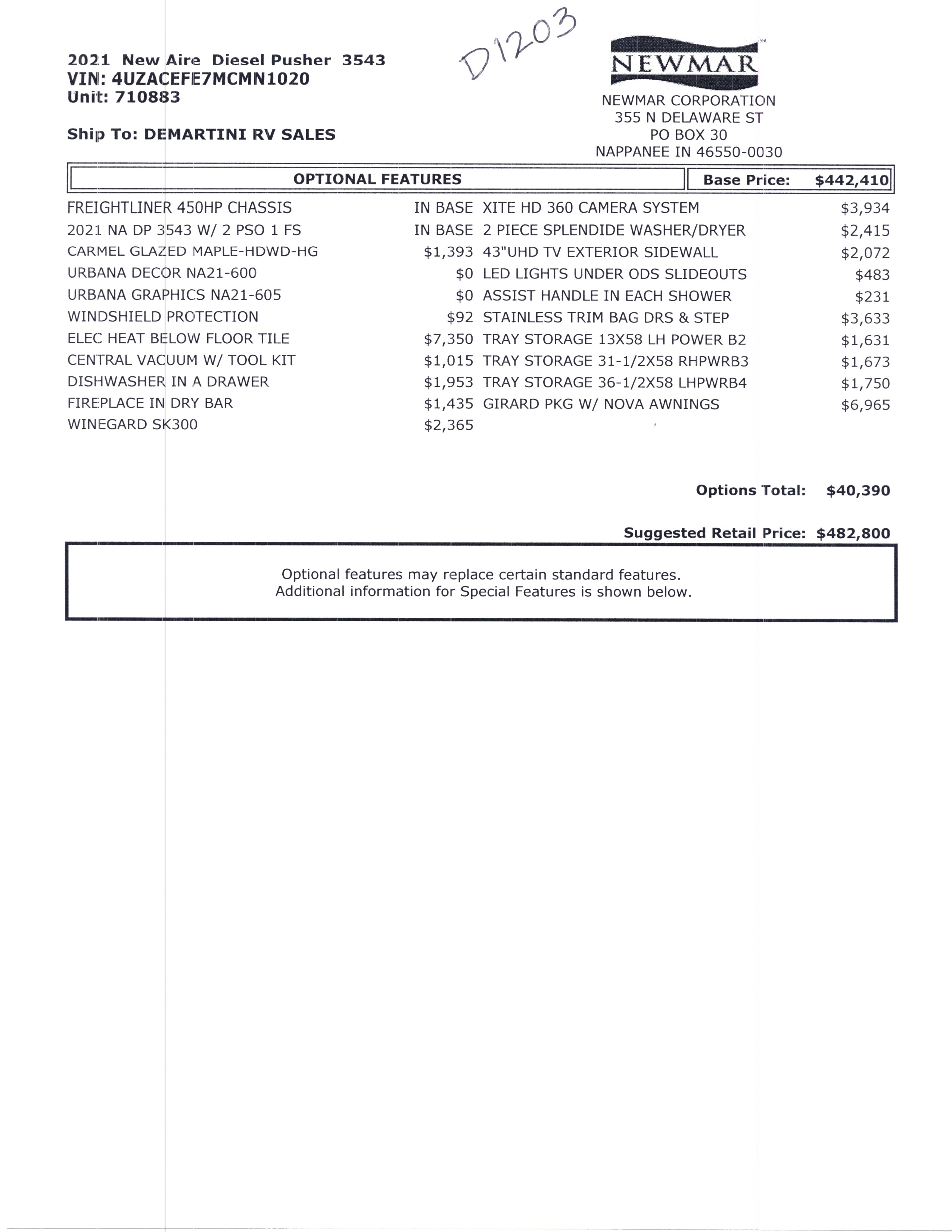 2021 Newmar New Aire 3543 MSRP Sheet