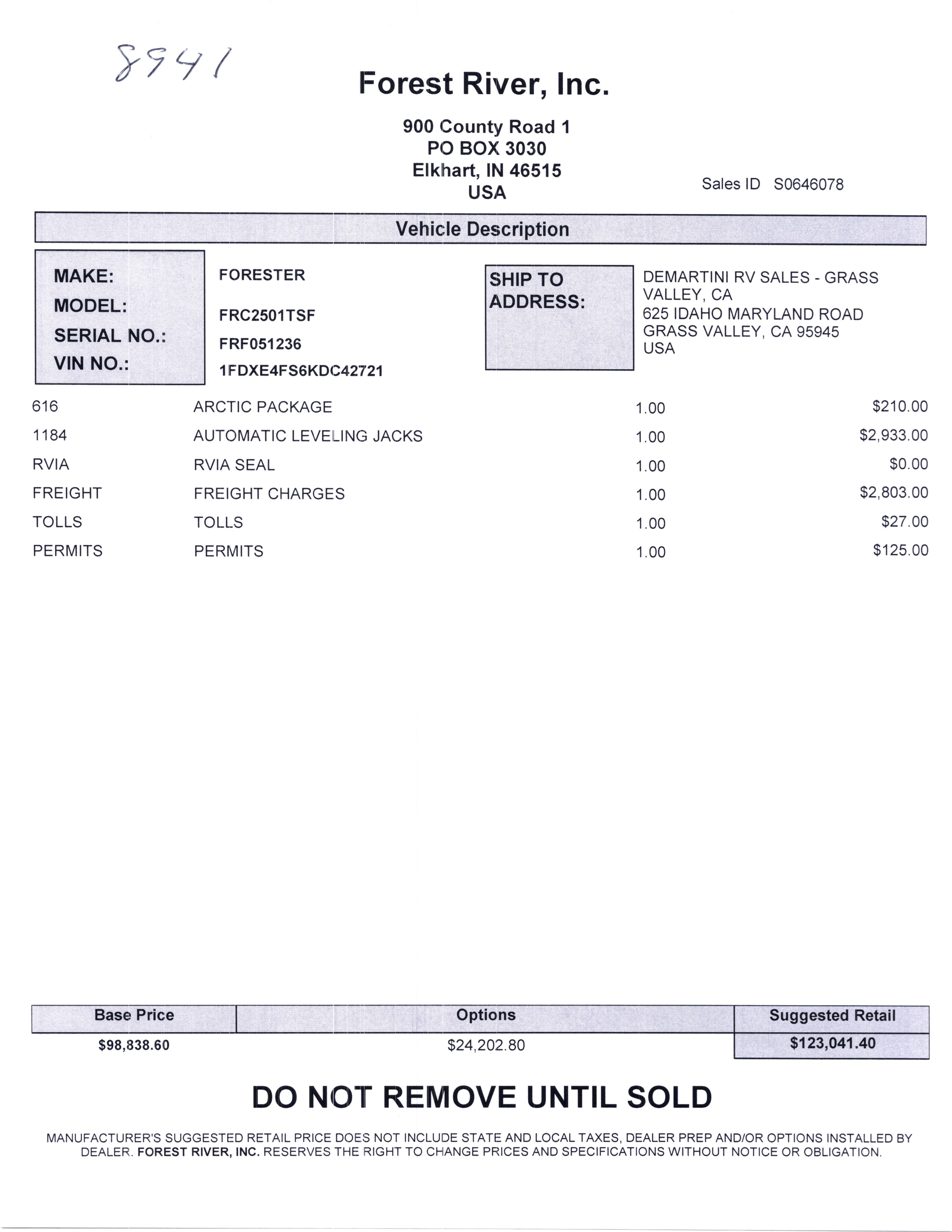 2020 Forest River Forester 2501TS MSRP Sheet