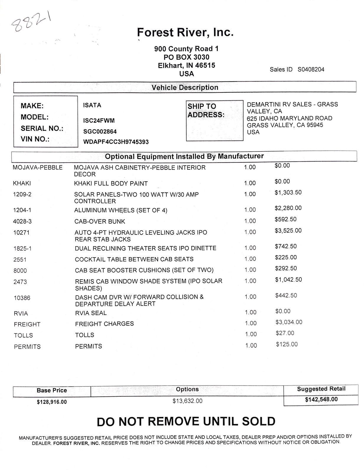 2019 Dynamax Isata 3 24FW MSRP Sheet